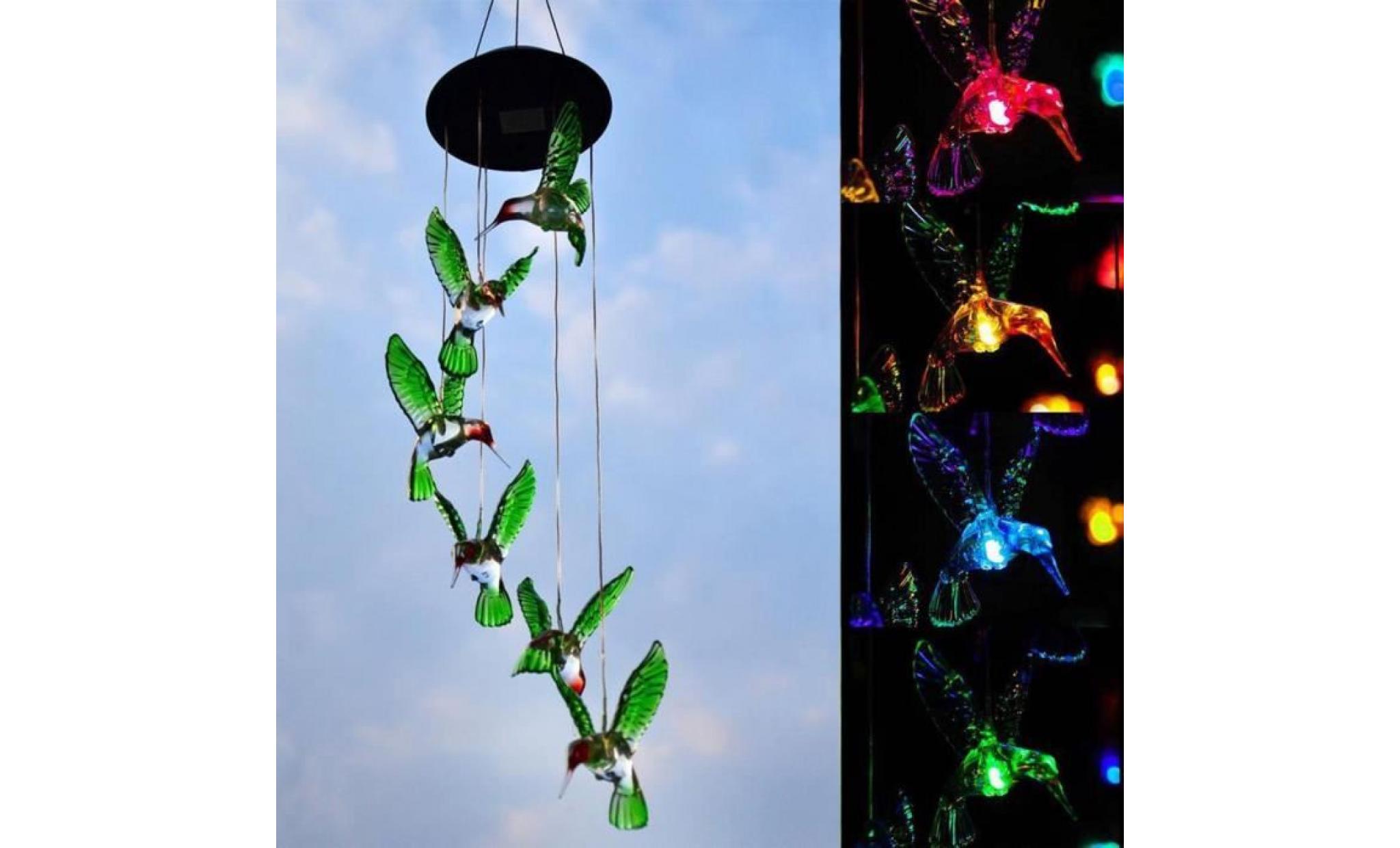 led solaire  lampe carillon a vent colibri vert changement couleur décor de mariage jardin balcon   maison