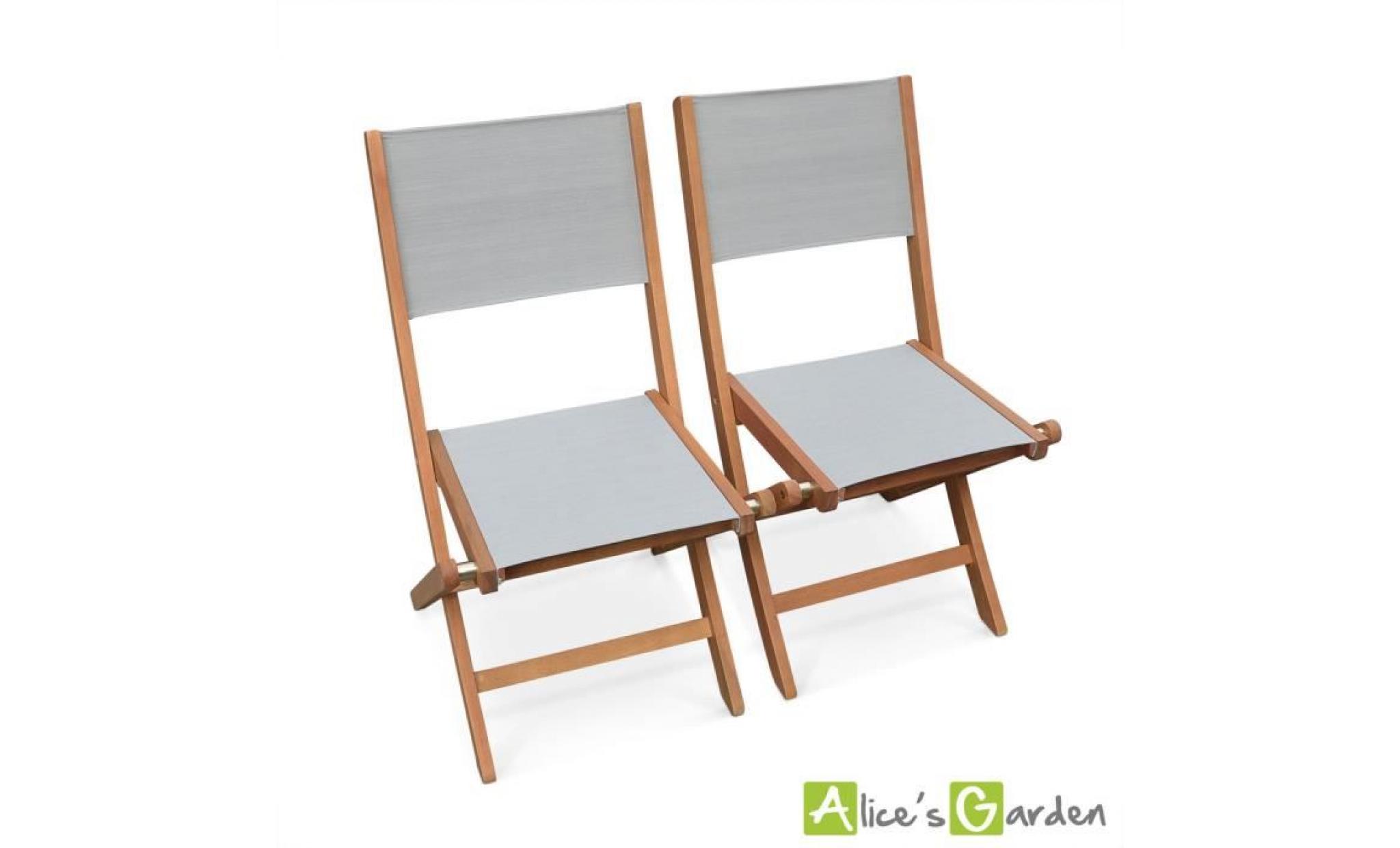 lot de 2 chaises de jardin en bois almeria, 2 chaises pliantes eucalyptus fsc huilé et textilène gris anthracite
