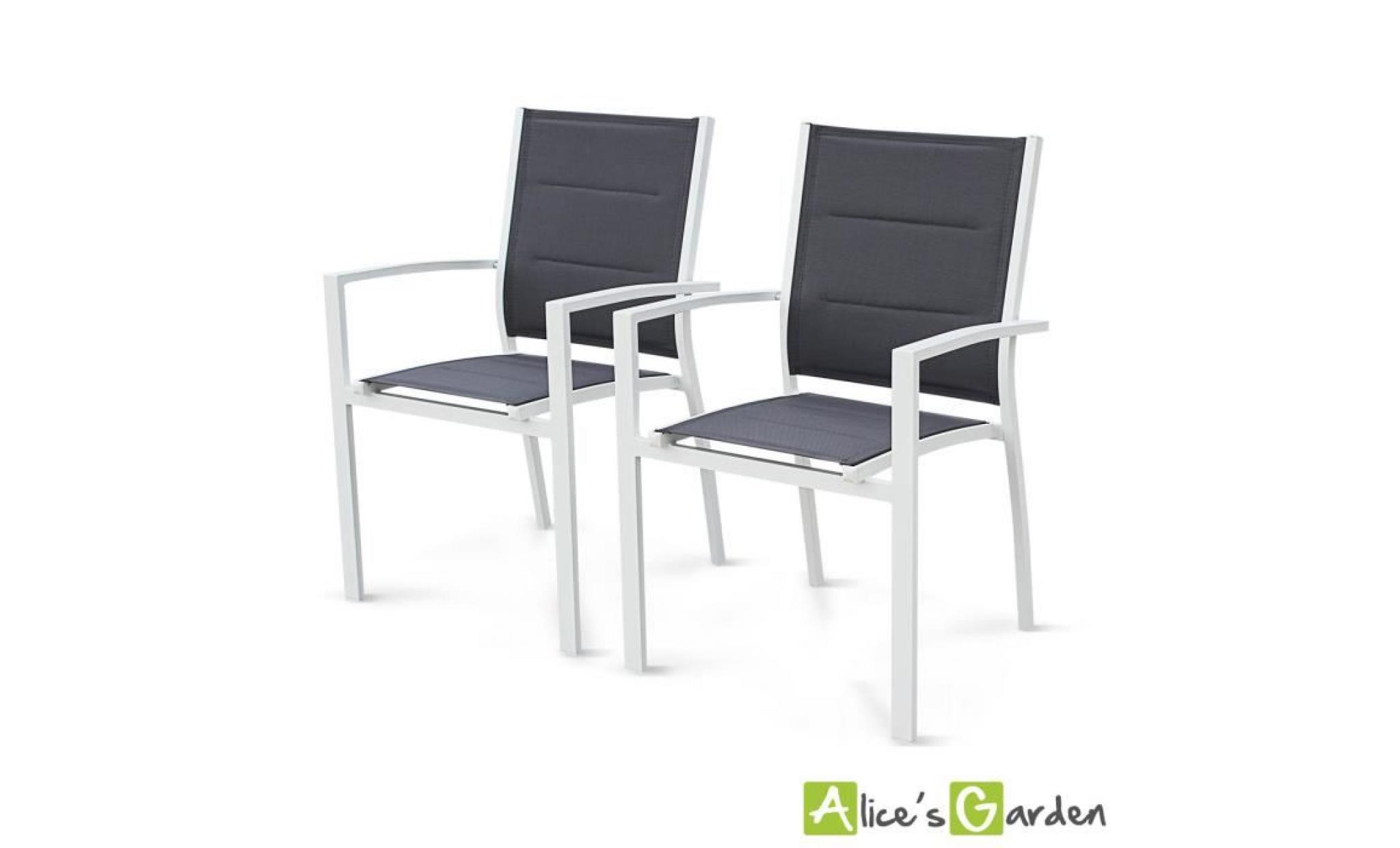 lot de 2 fauteuils chicago en aluminium blanc et textilène gris foncé empilables