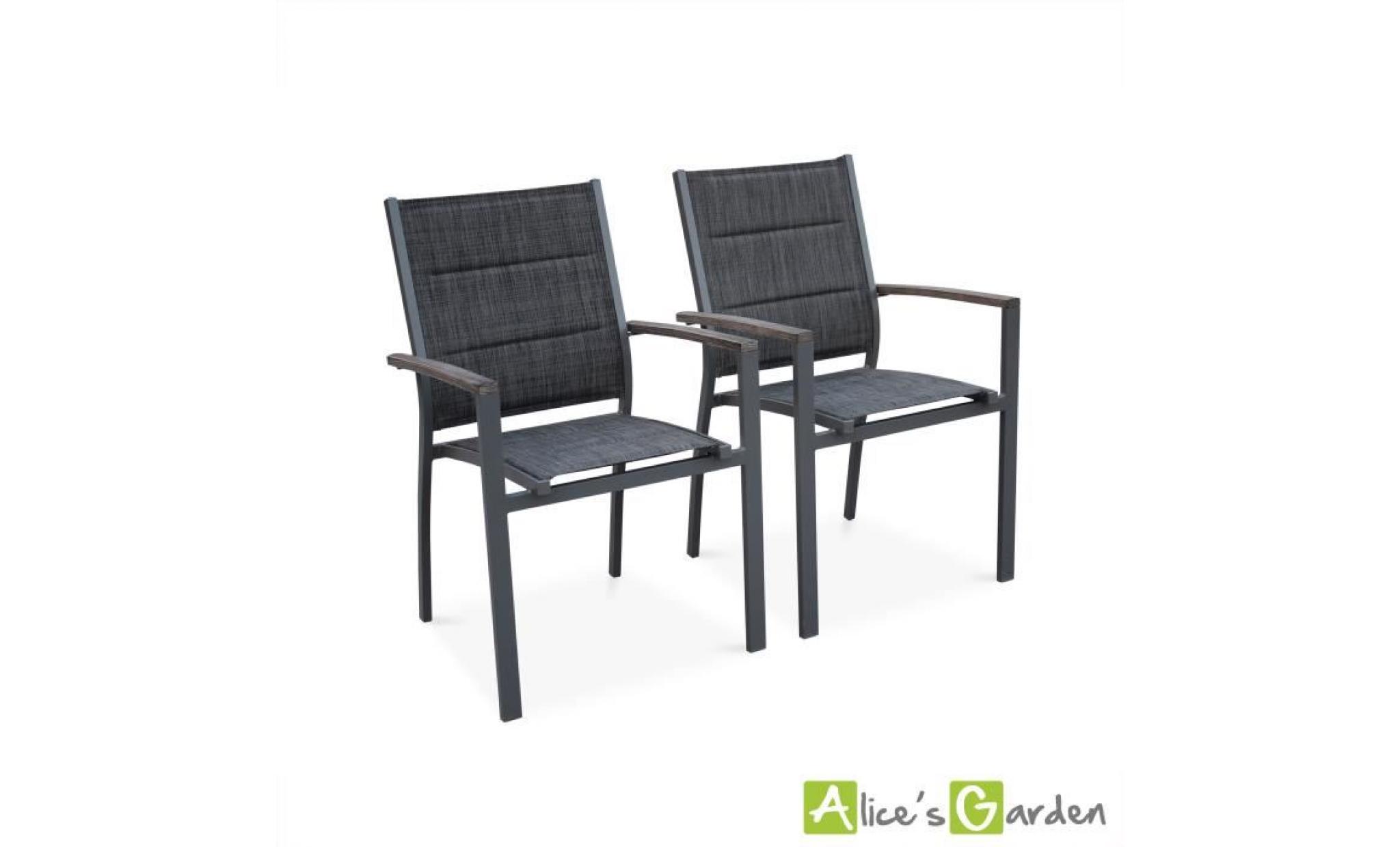lot de 2 fauteuils chicago en aluminium et textilène gris foncé chiné empilables, aluwood effet bois vieilli