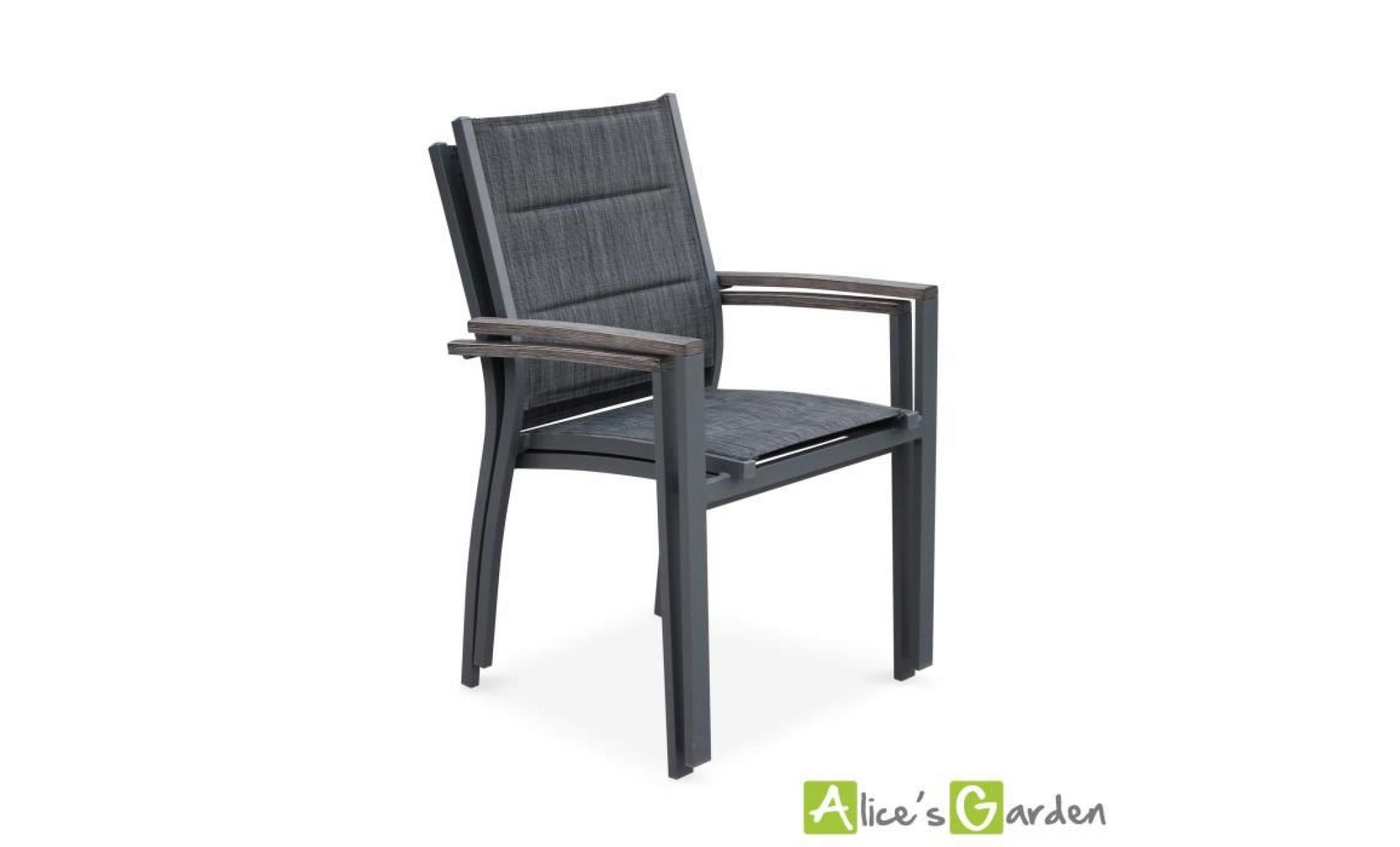 lot de 2 fauteuils chicago en aluminium et textilène gris foncé chiné empilables, aluwood effet bois vieilli pas cher