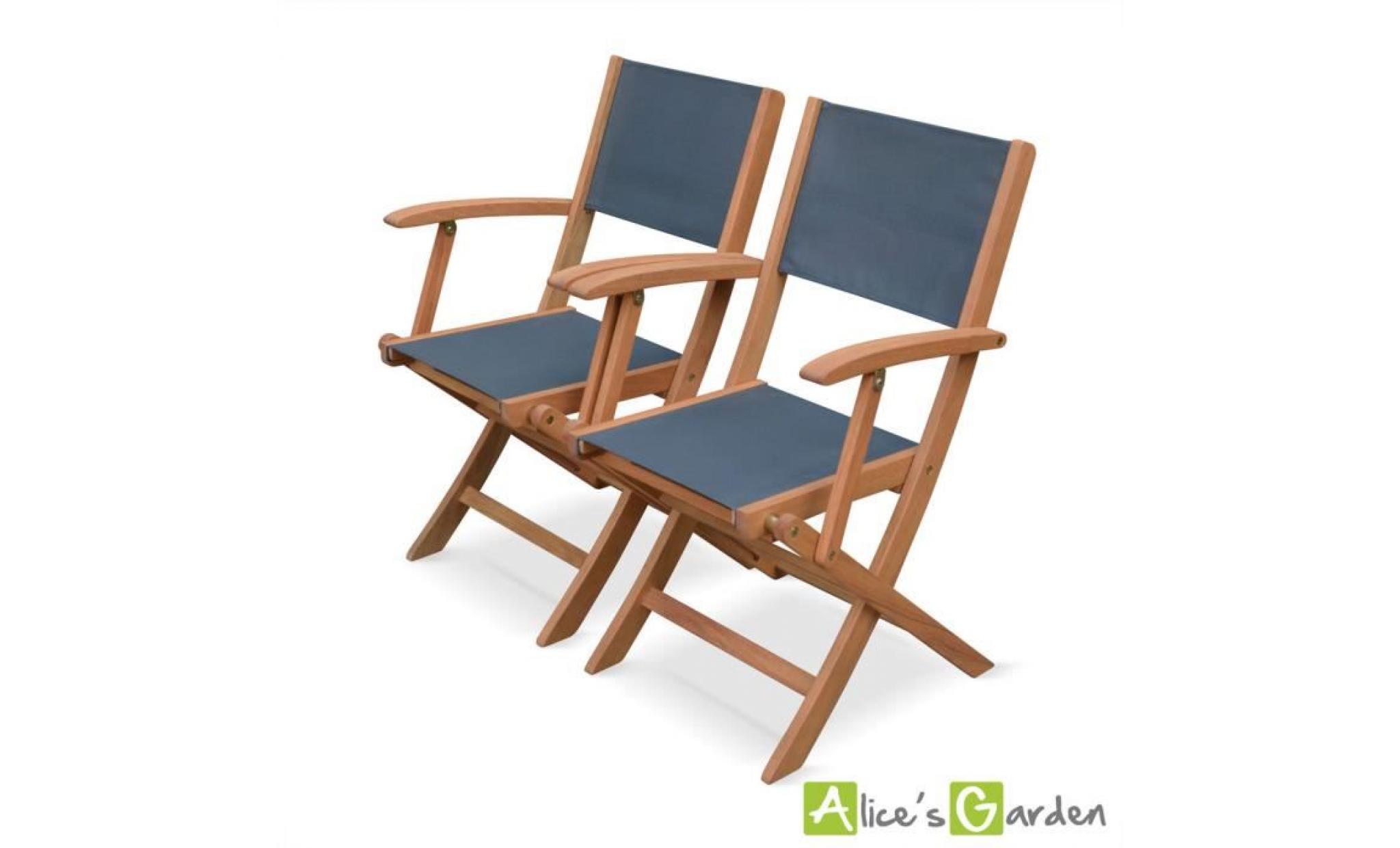 lot de 2 fauteuils de jardin en bois almeria, 2 fauteuils pliants eucalyptus fsc huilé et textilène gris taupe