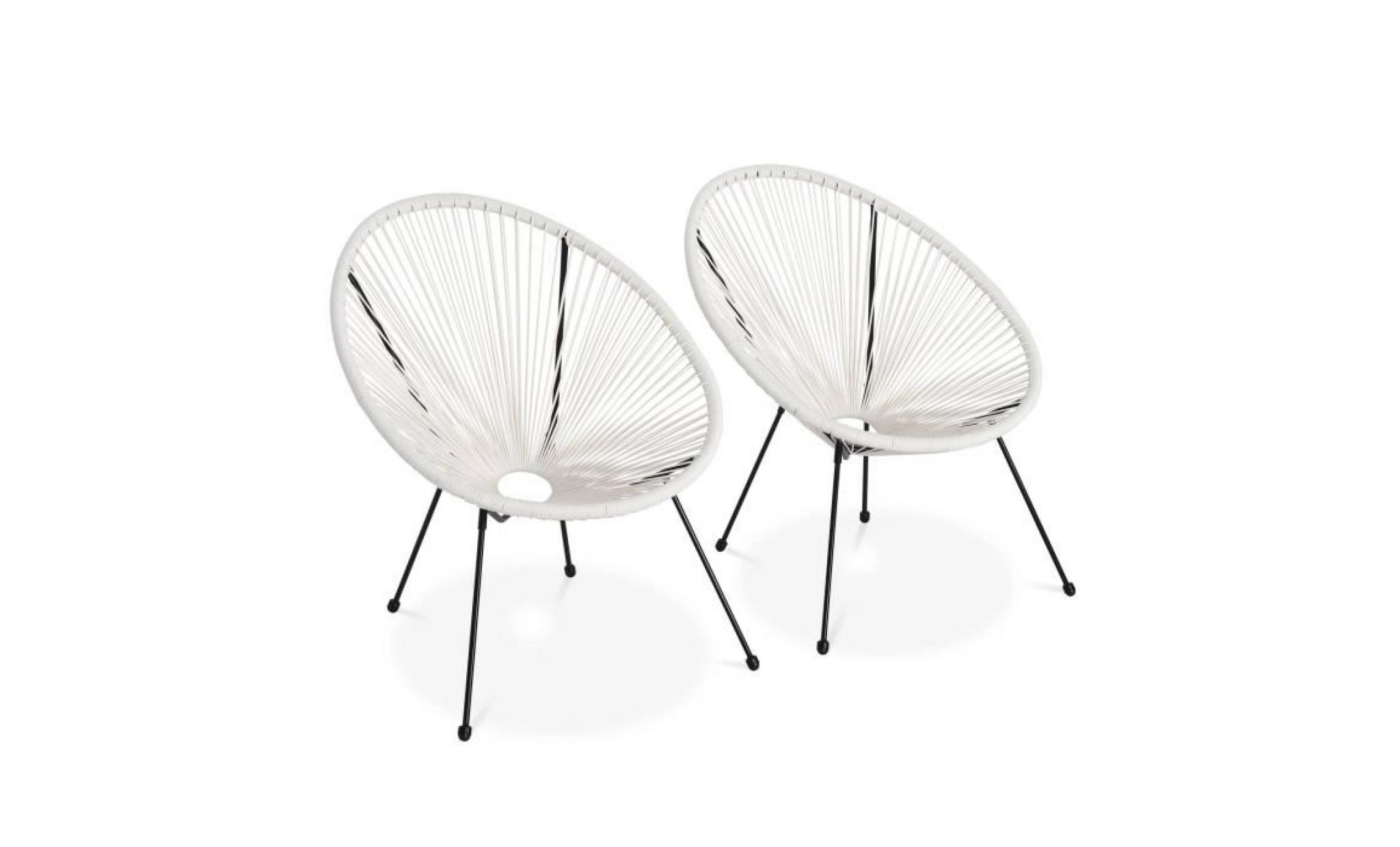 lot de 2 fauteuils design oeuf   acapulco blanc   fauteuils 4 pieds design rétro, cordage plastique, intérieur / extérieur