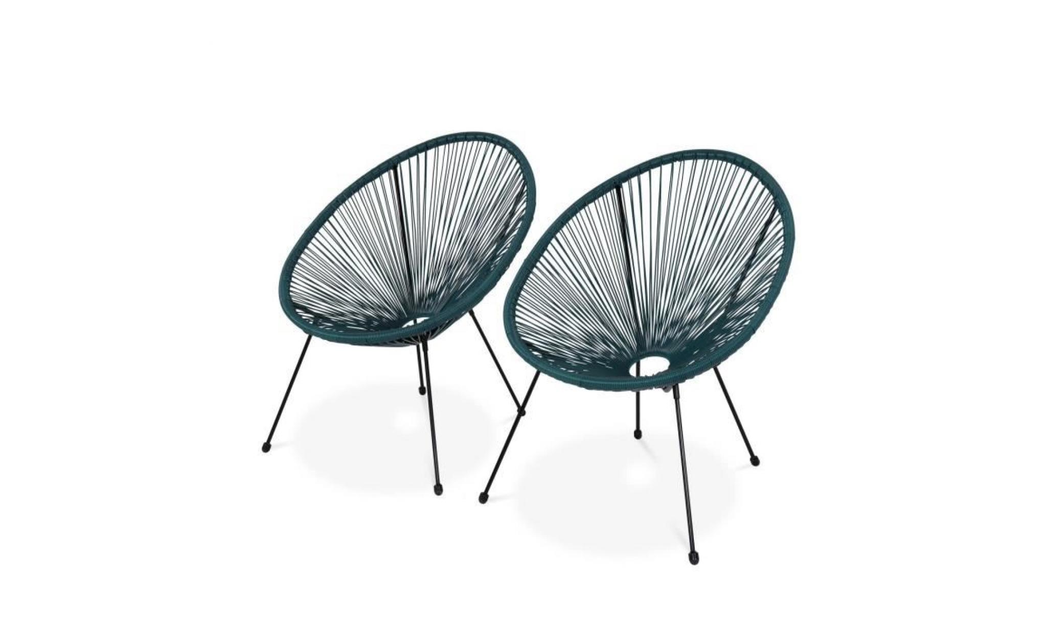 lot de 2 fauteuils design oeuf   acapulco bleu canard   fauteuils 4 pieds design rétro, cordage plastique, intérieur / extérieur