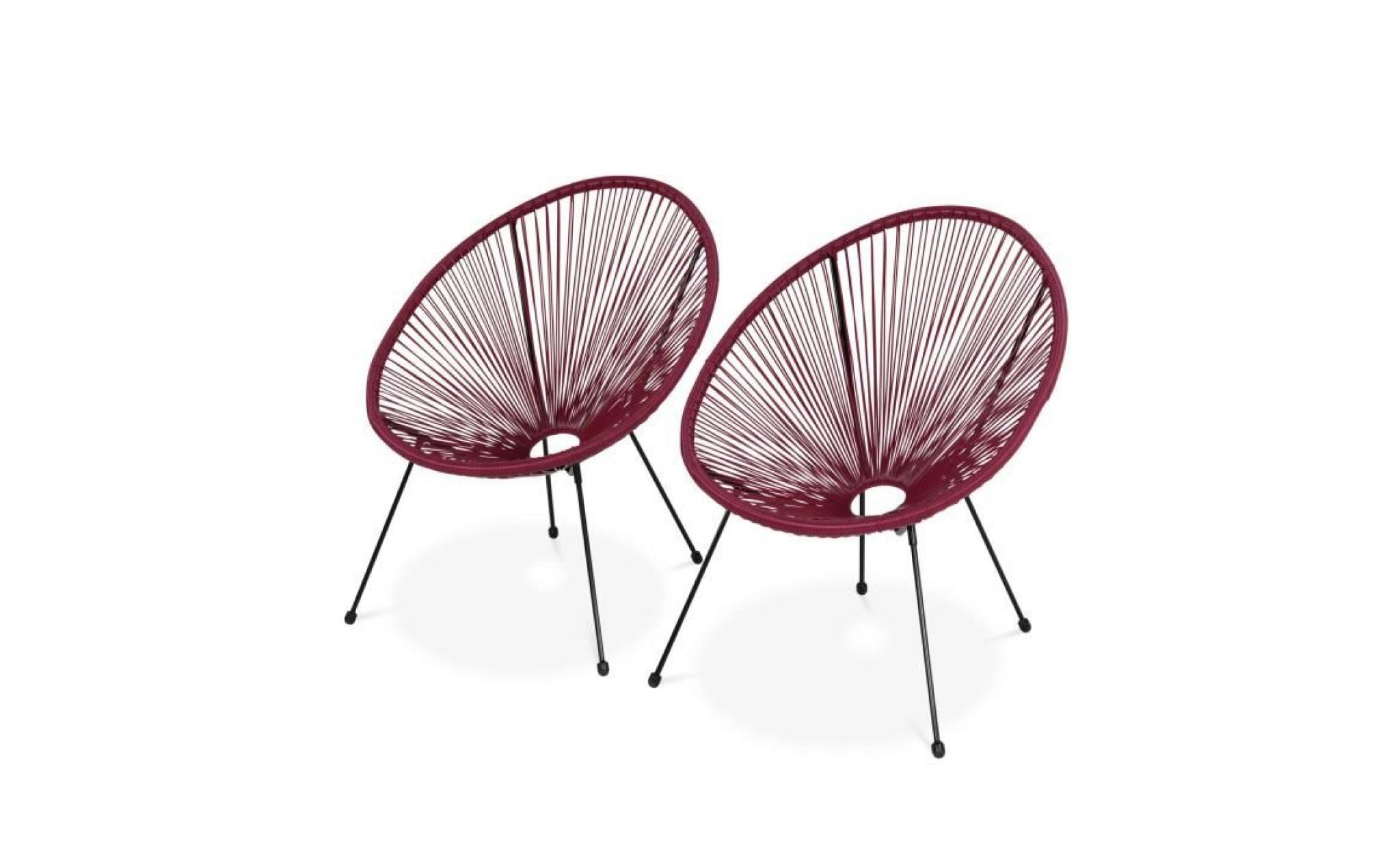 lot de 2 fauteuils design oeuf   acapulco bordeaux   fauteuils 4 pieds design rétro, cordage plastique, intérieur / extérieur