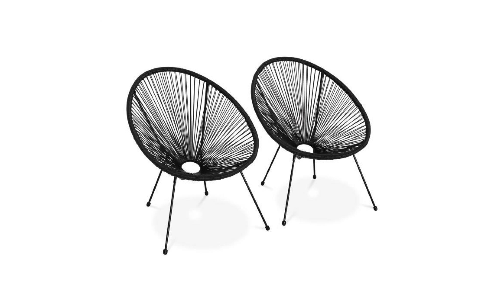 lot de 2 fauteuils design oeuf   acapulco noir   fauteuils 4 pieds design rétro, cordage plastique, intérieur / extérieur