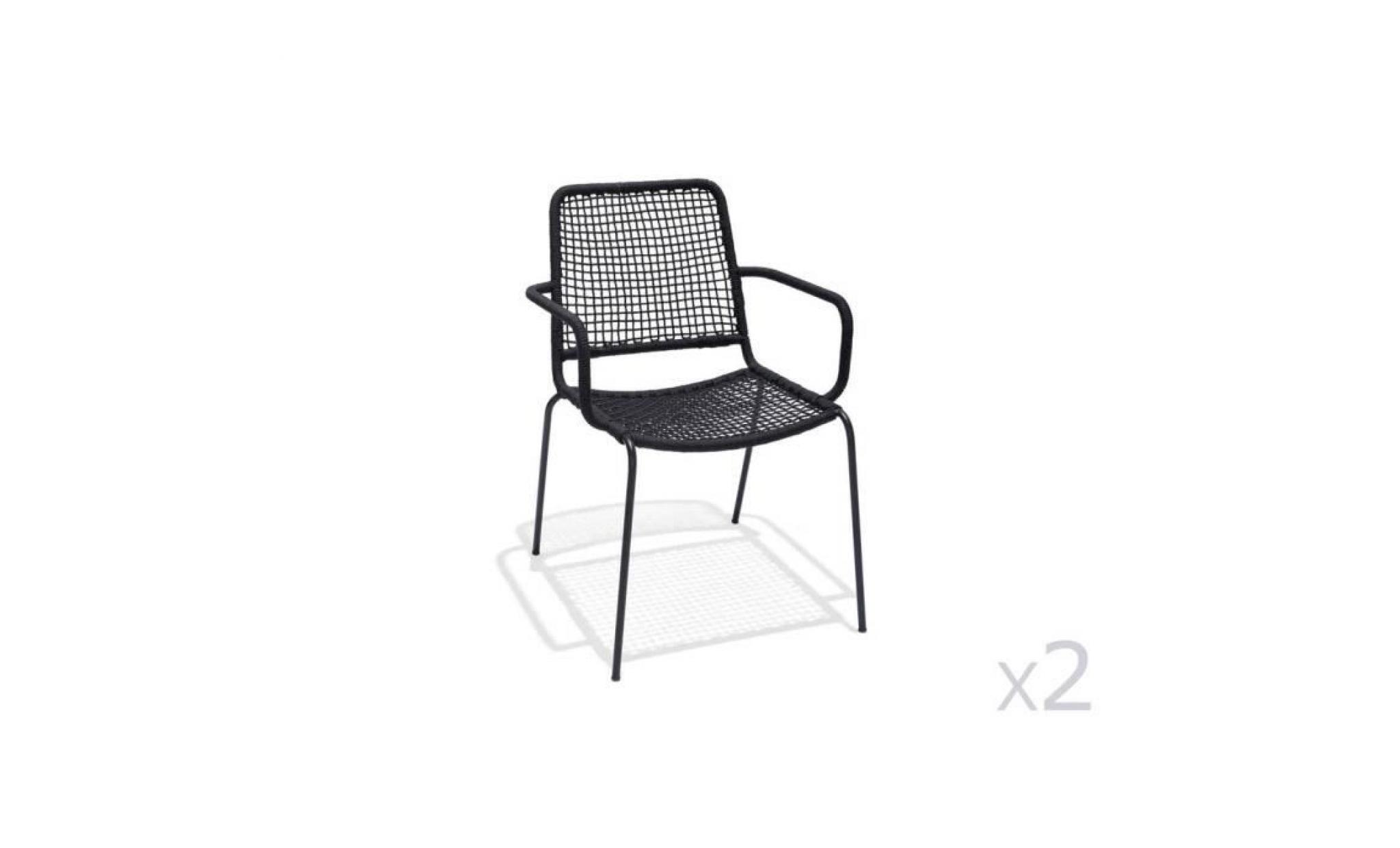 lot de 2 fauteuils empilables structure aluminium gris et finition corde noir