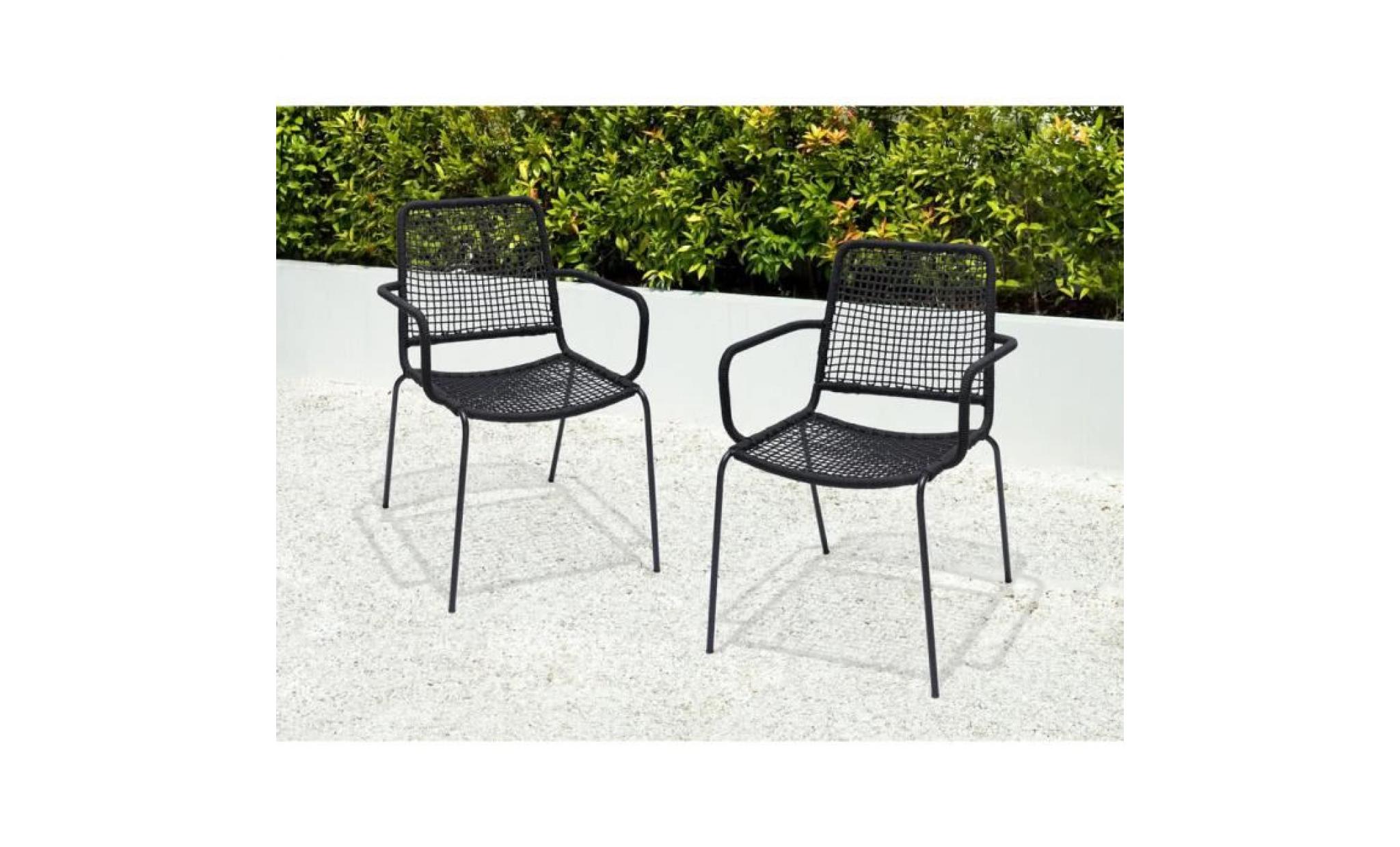 lot de 2 fauteuils empilables structure aluminium gris et finition corde noir pas cher