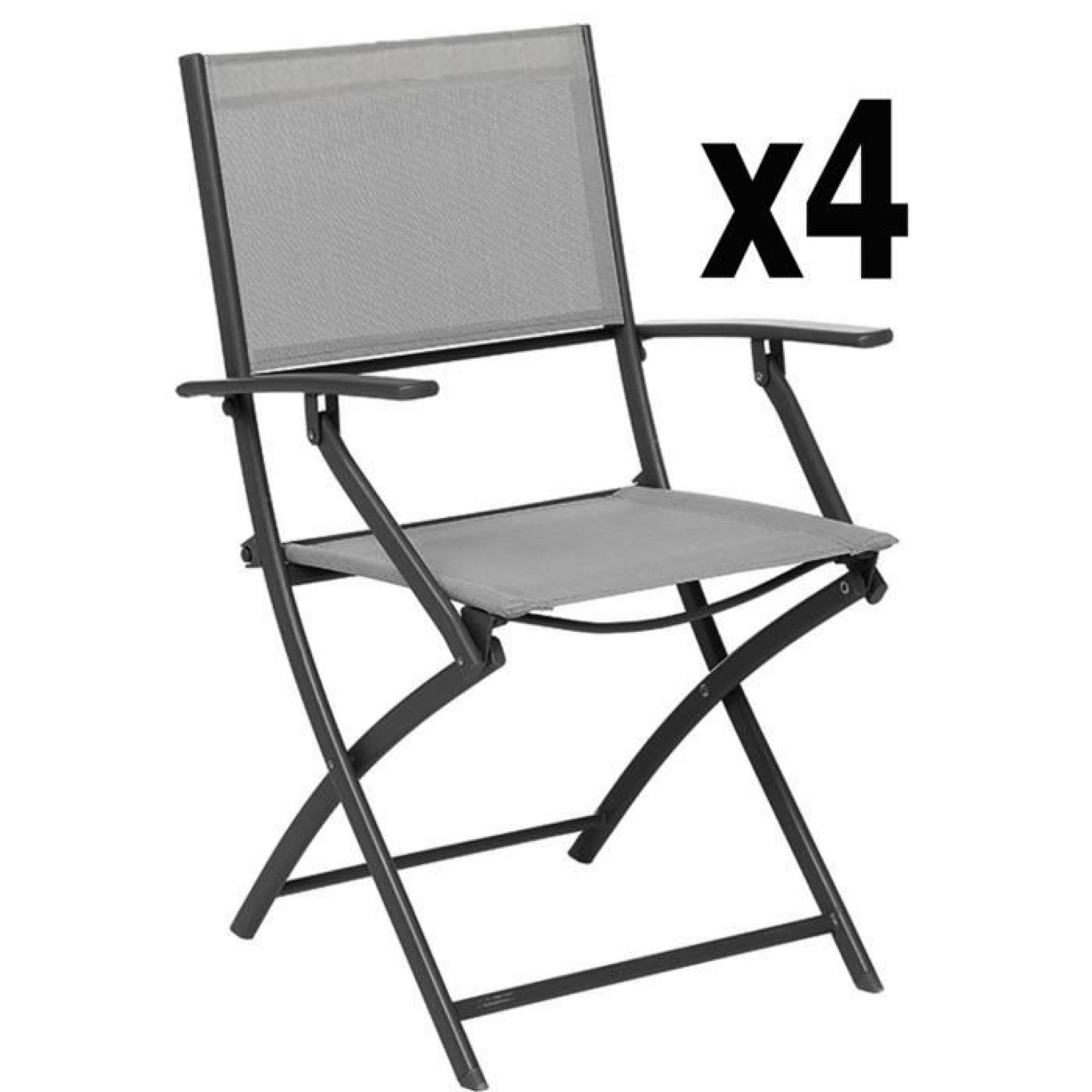 Lot de 4 fauteuils pliants Léo Gris en acier et Texaline, 53 x 55 x 85 cm