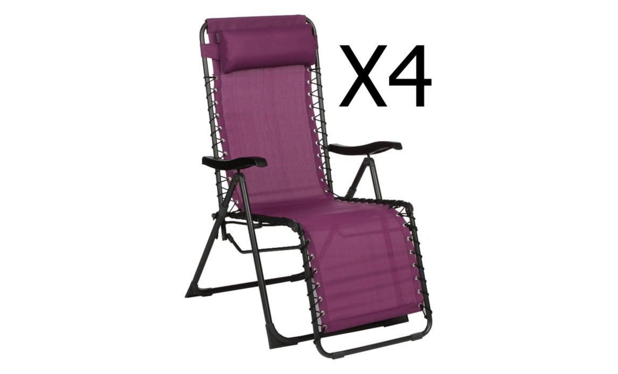 lot de 4 fauteuils relax coloris prune en texaline et acier   dim :l.93 x p.64 x h.110 cm