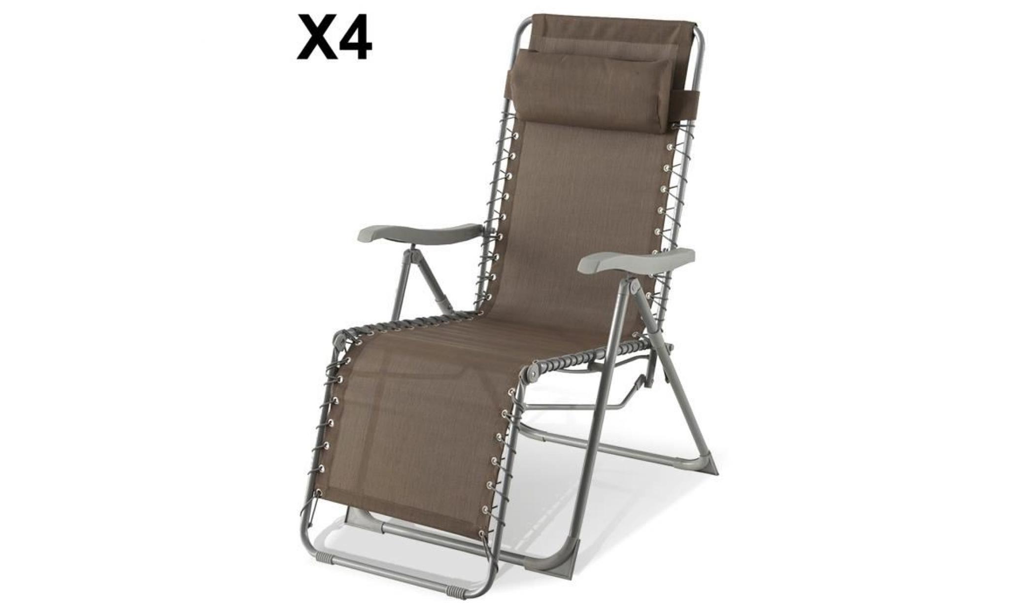 lot de 4 fauteuils relax coloris taupe en texaline et acier   dim : l.93 x p.64 x h.110 cm