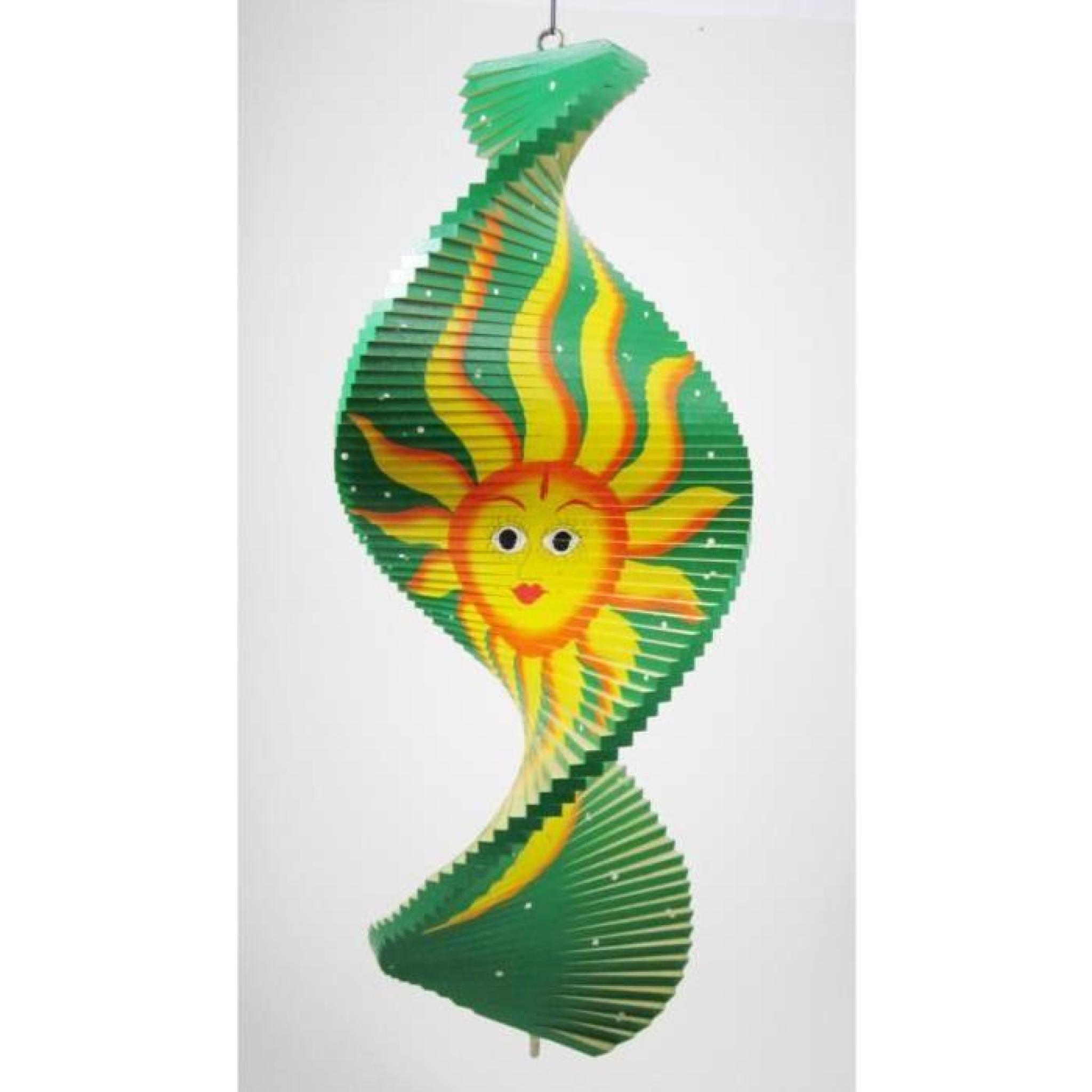 Mobile Spirale à vent en bois Soleil et Lune Vert - 40x16