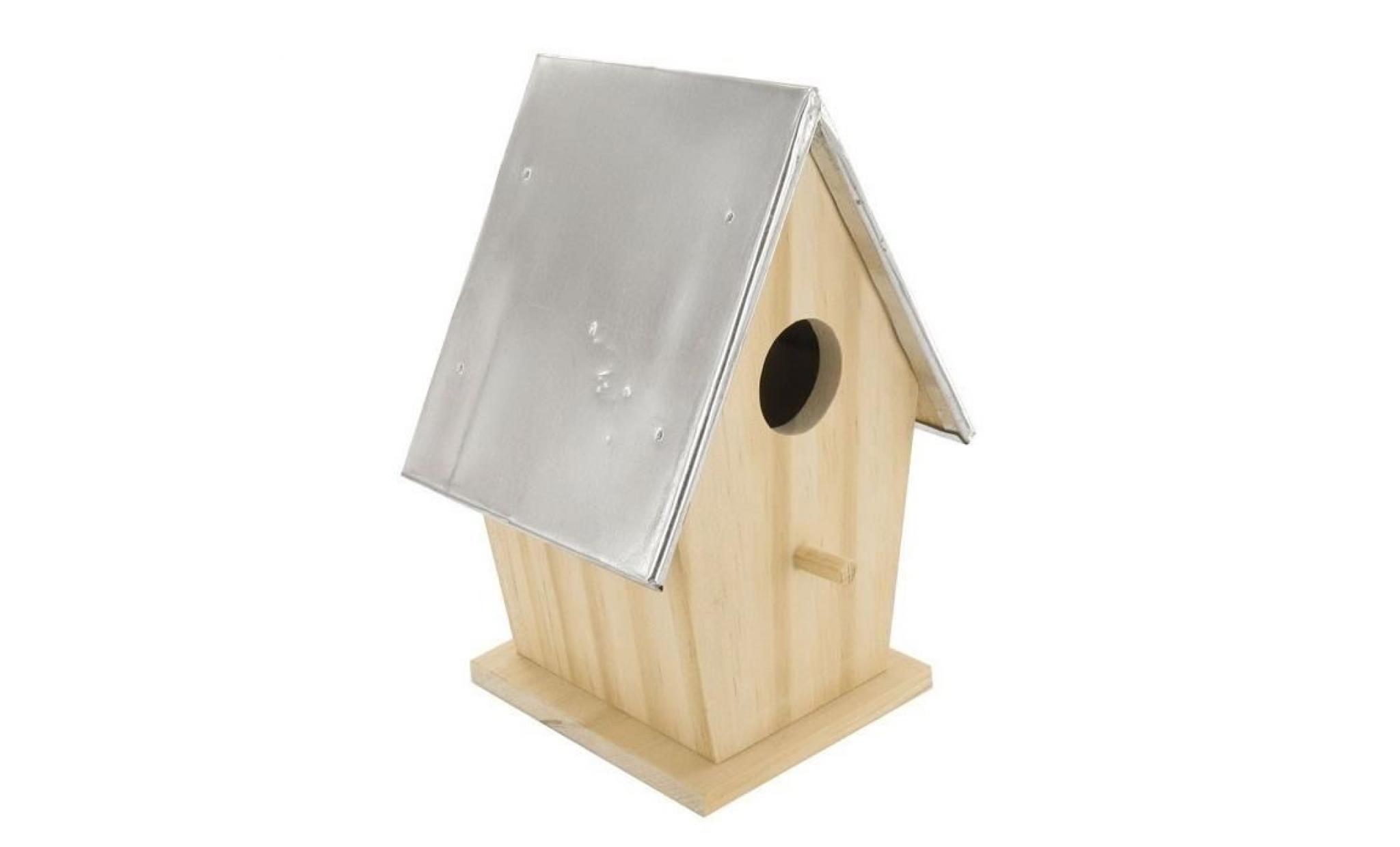 nichoir pour oiseau en bois brut avec toit en métal   h 18,5 x 11,5 cm