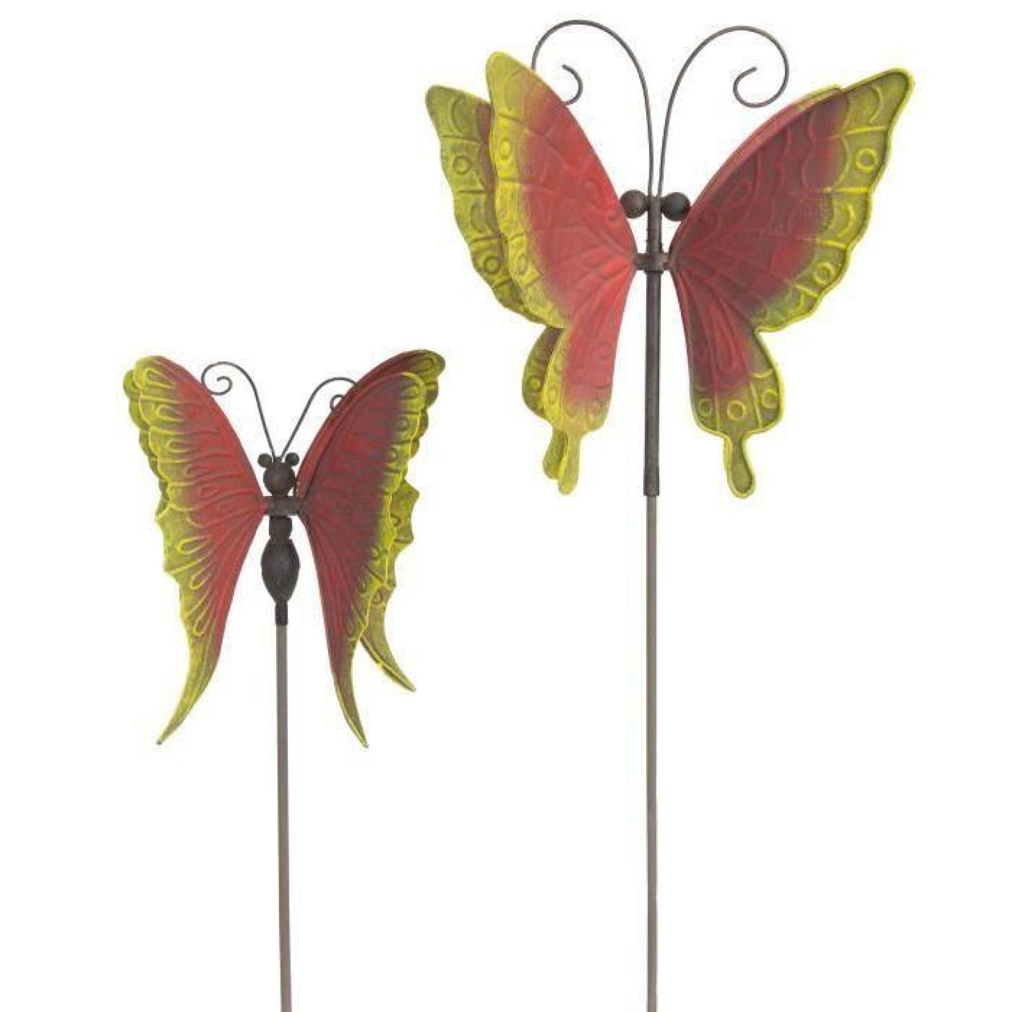 Papillon Décoration de Jardin Tournante en Métal Rouge et Jaune Moulin à Vent x 2 (Deux Tailles Différentes) pas cher