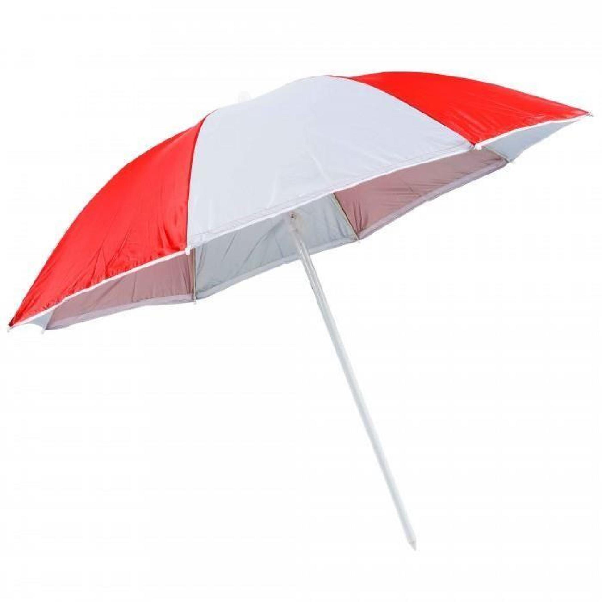 Parasol de plage bicolore rouge et blanc, reflechit les UV jusqu'a 98%. Diametre du parasol 150cm. Parasol avec rabat