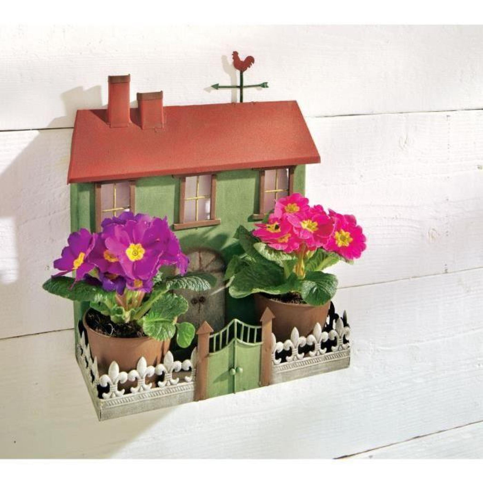 PureDay Jardinière en forme de maison à fixer au mur + 2 pots de fleurs, intérieur ou extérieur, vert et rouge pas cher