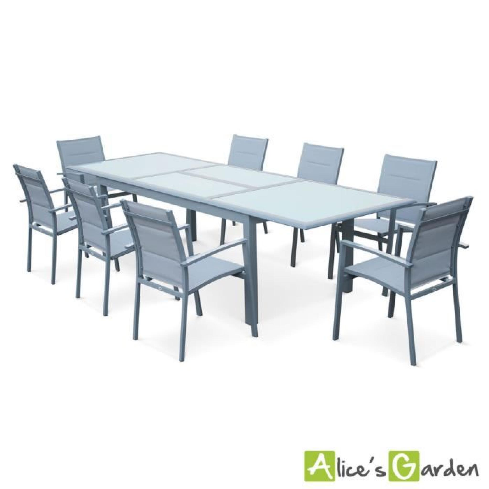 Salon de jardin 8 fauteuils table à rallonge extensible 200-300cm alu textilène gris clair