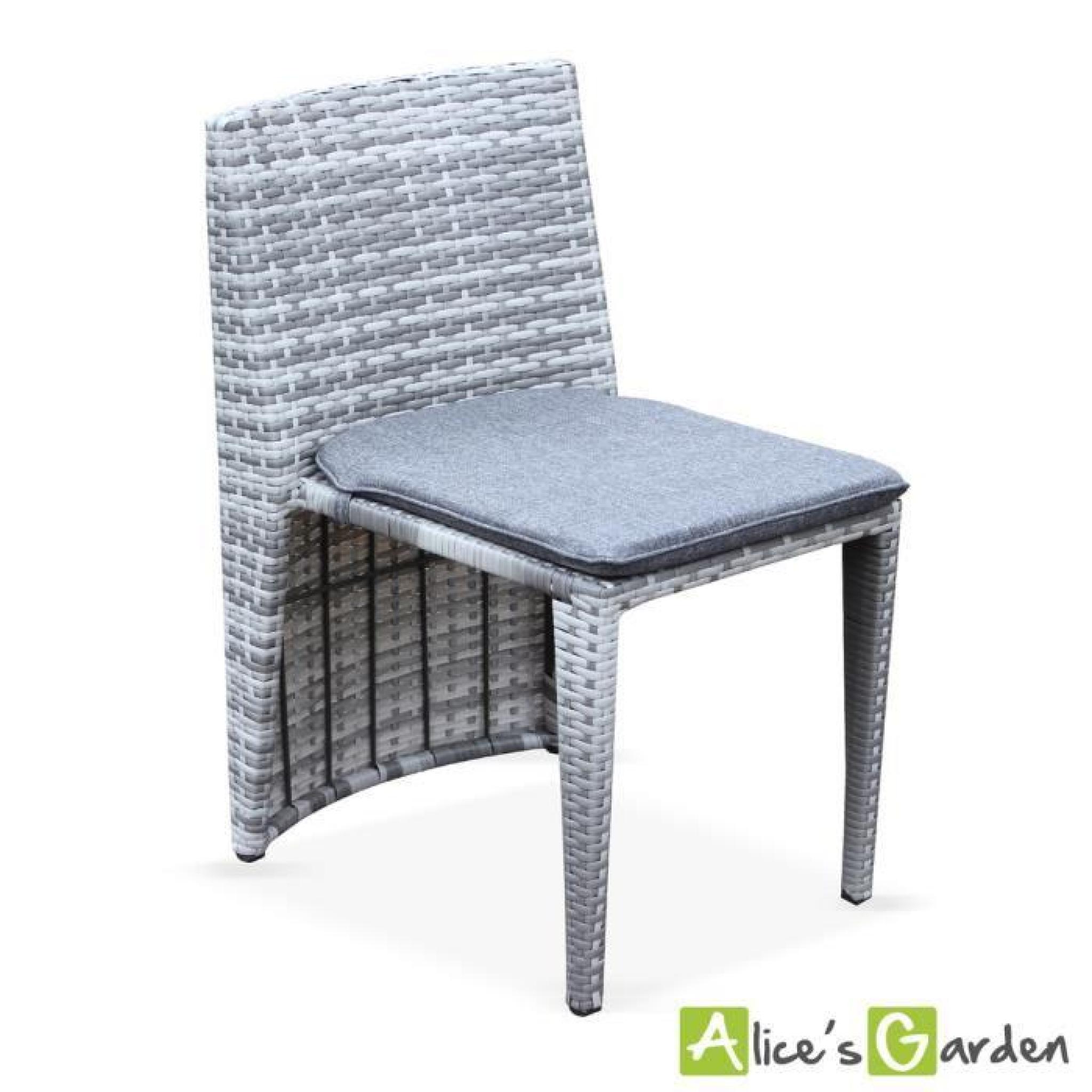 Salon de jardin en résine tressée nuances de gris, 8 fauteuils, table 200cm, structure en aluminium, coussins gris chiné