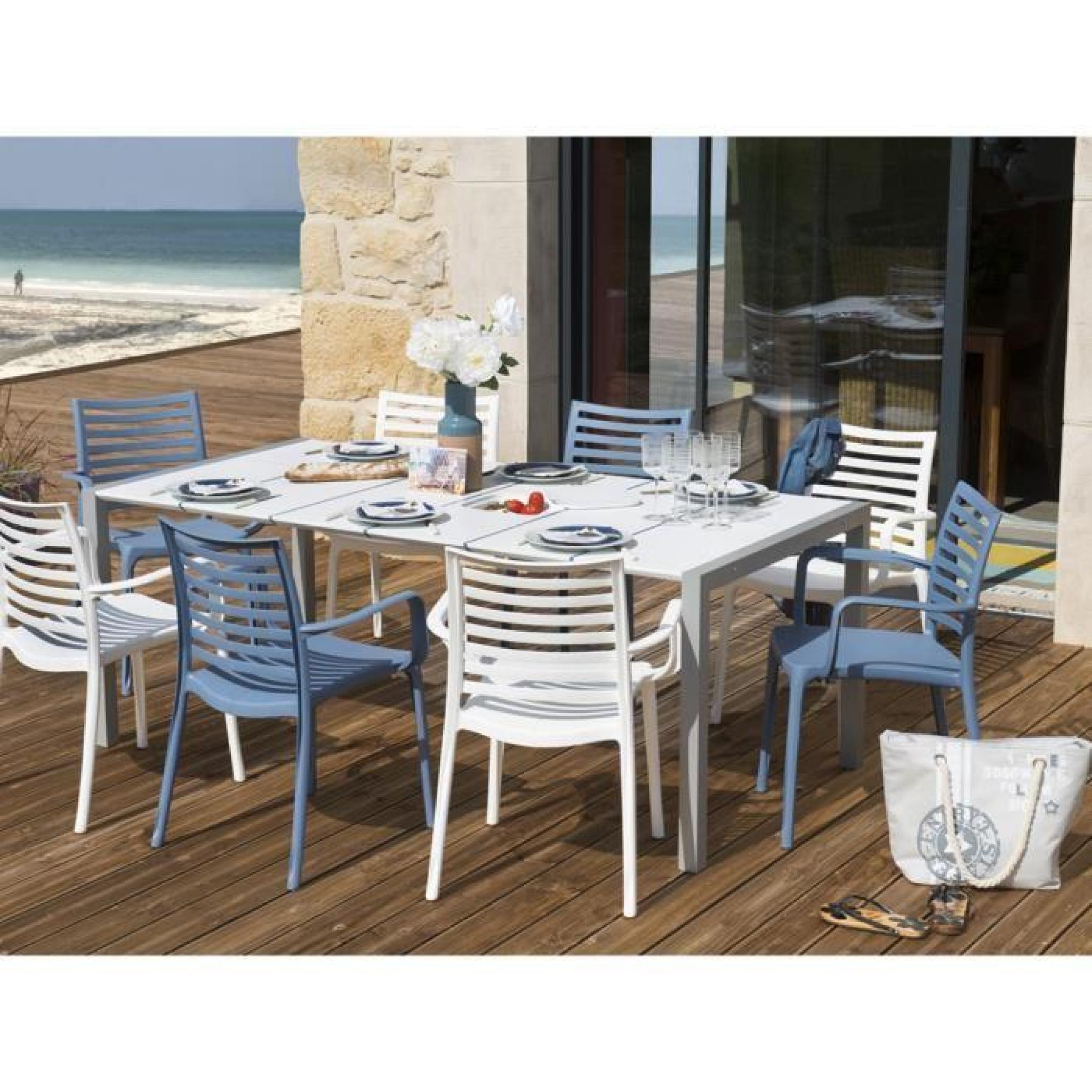 Salon de jardin Sunday - 1 table + 4 fauteuils blancs + 4 fauteuils bleus