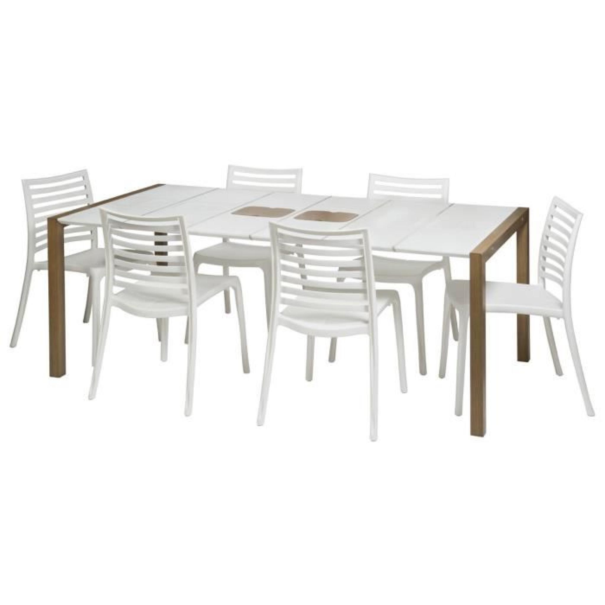 Salon de jardin Sunday - 1 table blanc/bois + 8 fauteuils blancs