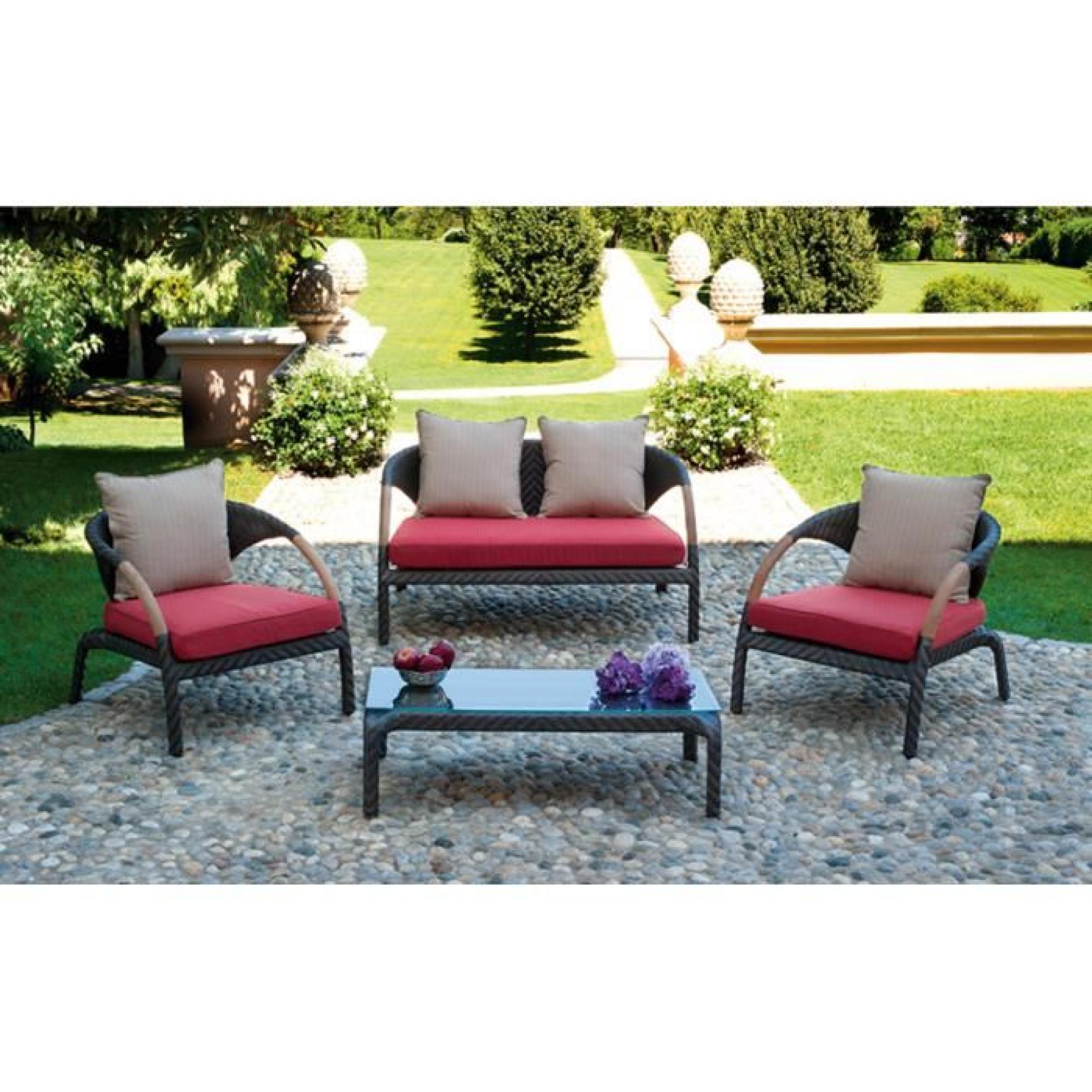 Salon jardin de canapé + 2 fauteuils + 1 table coloris Rouge-Noir-beige