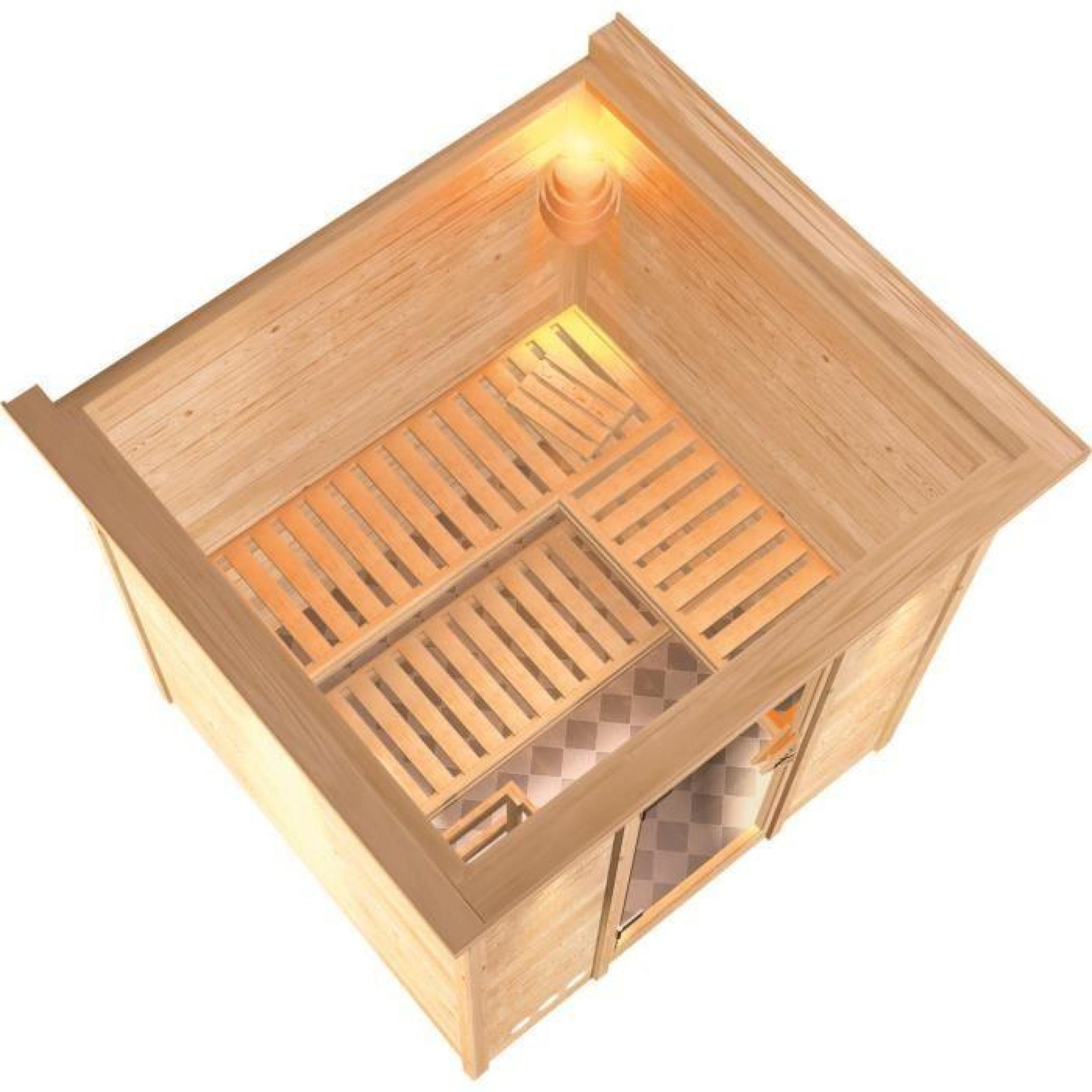 Sauna bois 40mm d'intérieur MOJAVE Karibu 2/3 places couronne de toit avec poêle Bi-O 9kW avec commande externe pas cher