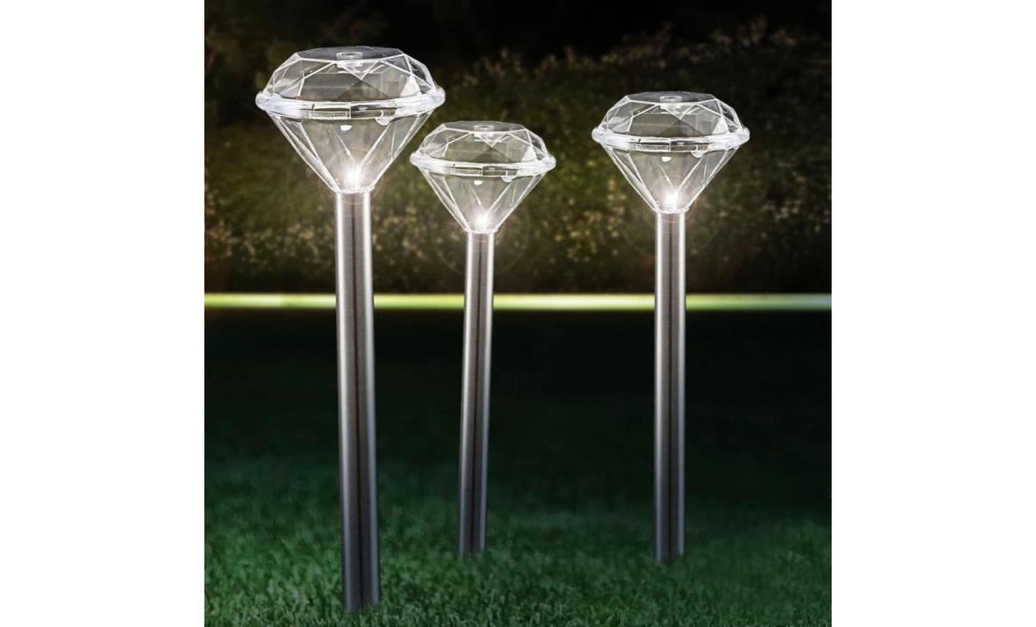 Set de 3 luminaires solaires LED extérieur éclairage jardin terrasse diamant IP44 inox pas cher