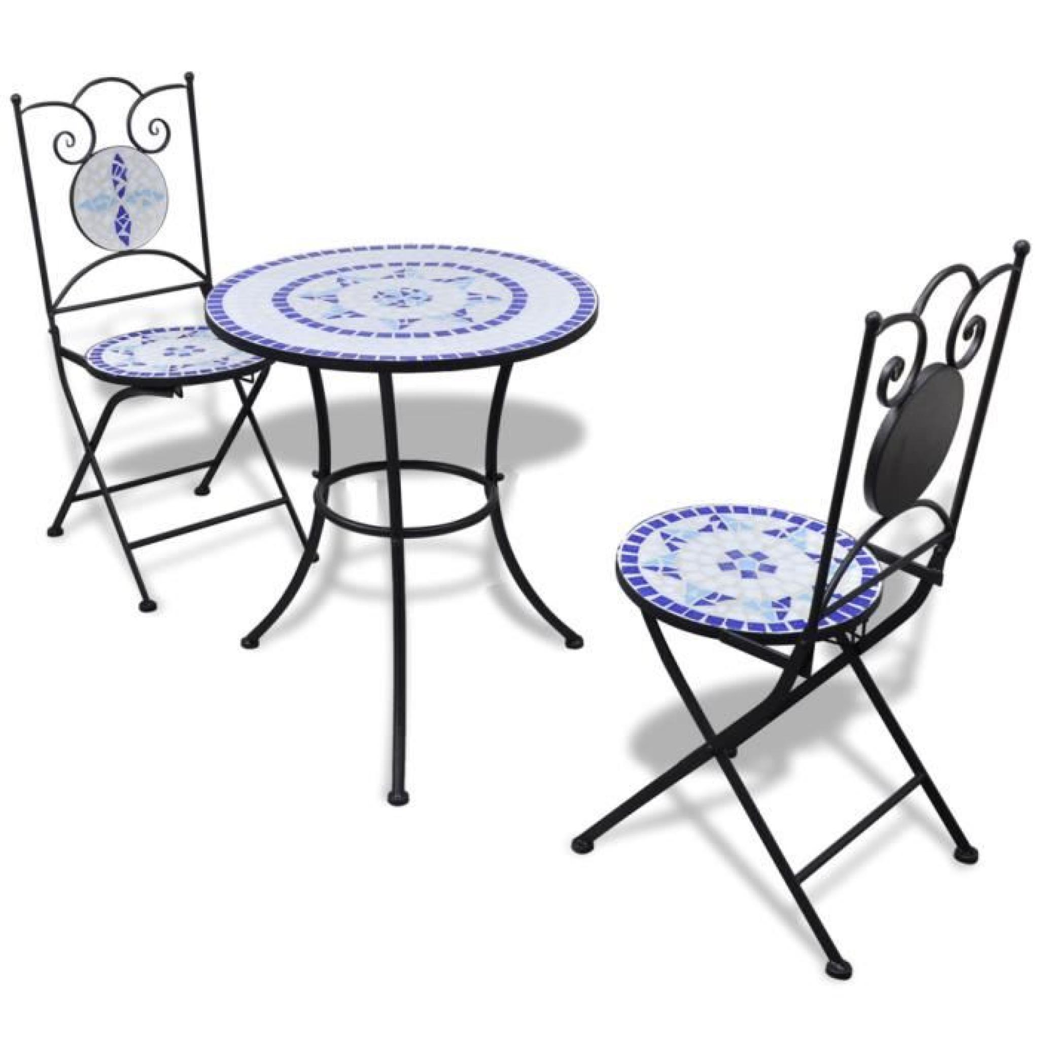 Set de bistro mosaïqué table 60 cm et 2 chaises bleu/blanc