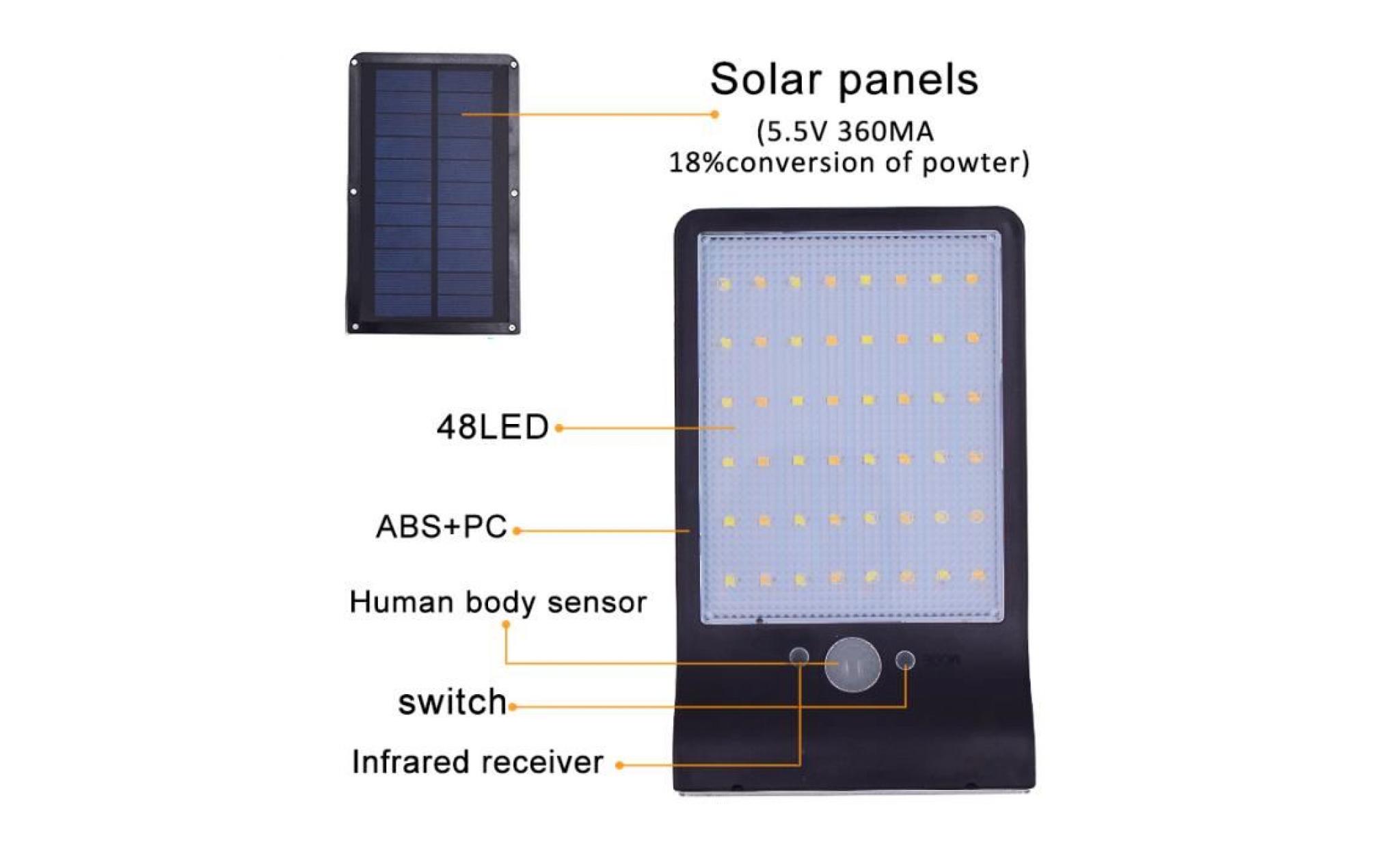 solaire 48 led lampe extérieure solaire avec détecteur de mouvement et lampe de sécurité Étanche ip65 pour jardin,porte,couloir pas cher