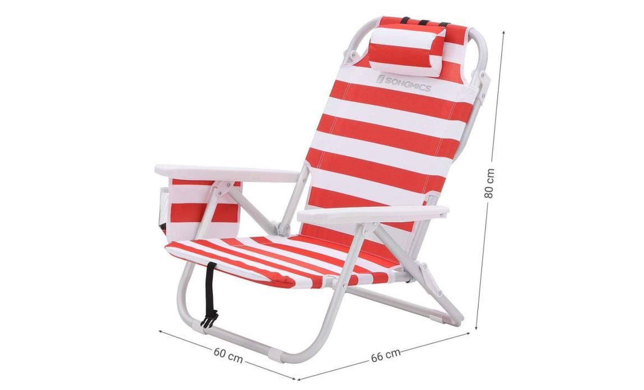 songmics chaise de plage portable, avec poche isotherme, porte bouteille, repose tête, pliable, inclinable, légère, durable, gcb63bu pas cher
