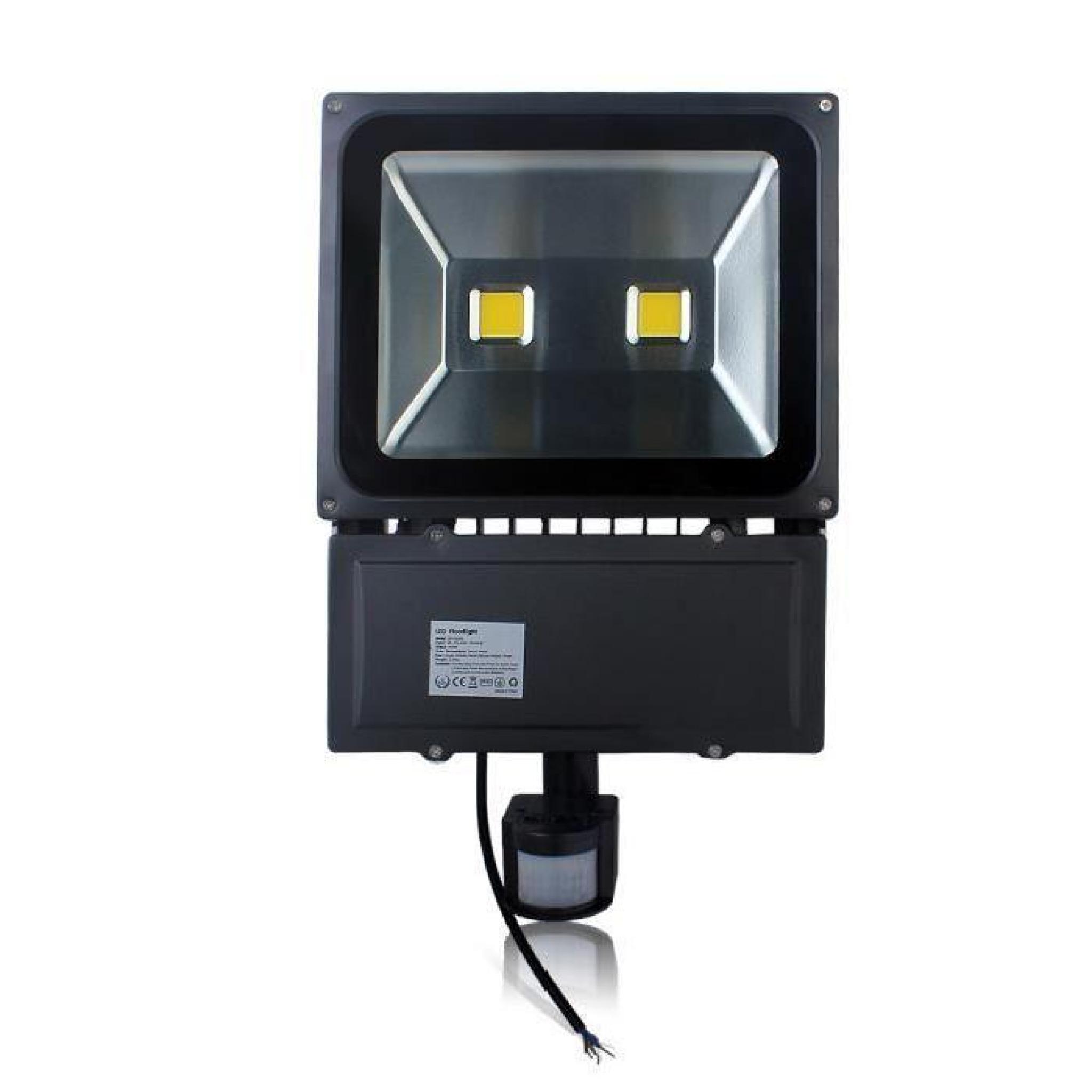 Spot Exterieur LED Blanc Froid 100W IP65 AC85-265V Ultra-mince Projetceur Détecteur Noir 28,4x6x36cm