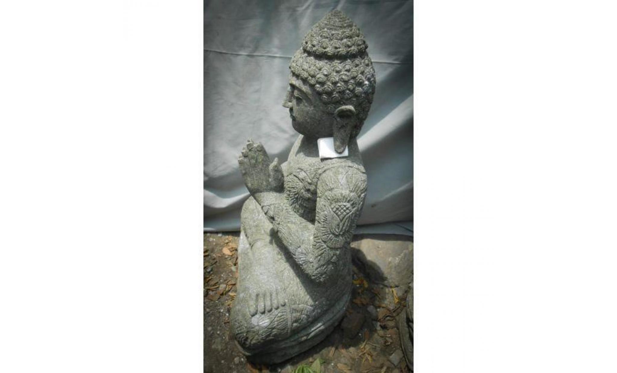 statue bouddha assis en pierre volcanique prière jardin zen 80cm pas cher