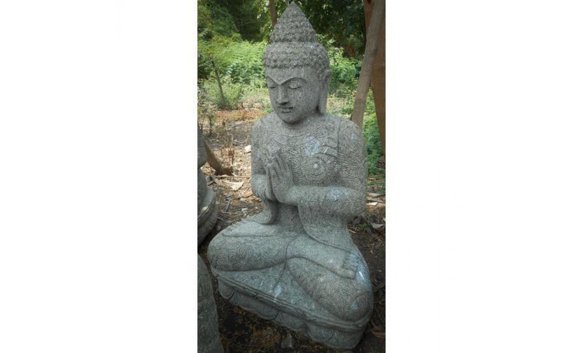 statue jardin bouddha assis pierre volcanique position prière 1m20