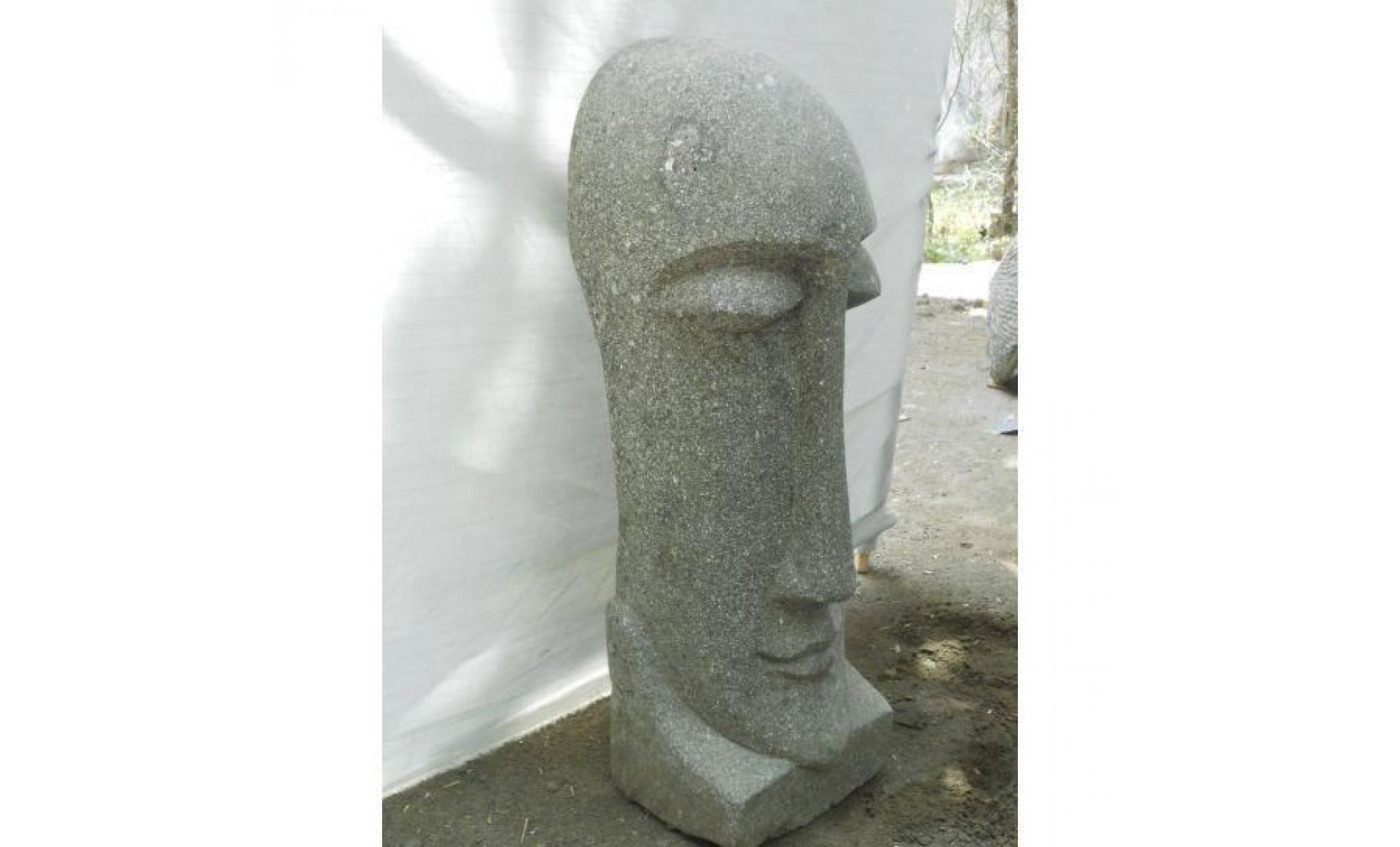 statue jardin zen moaï visage allongé en pierre volcanique 60 cm pas cher