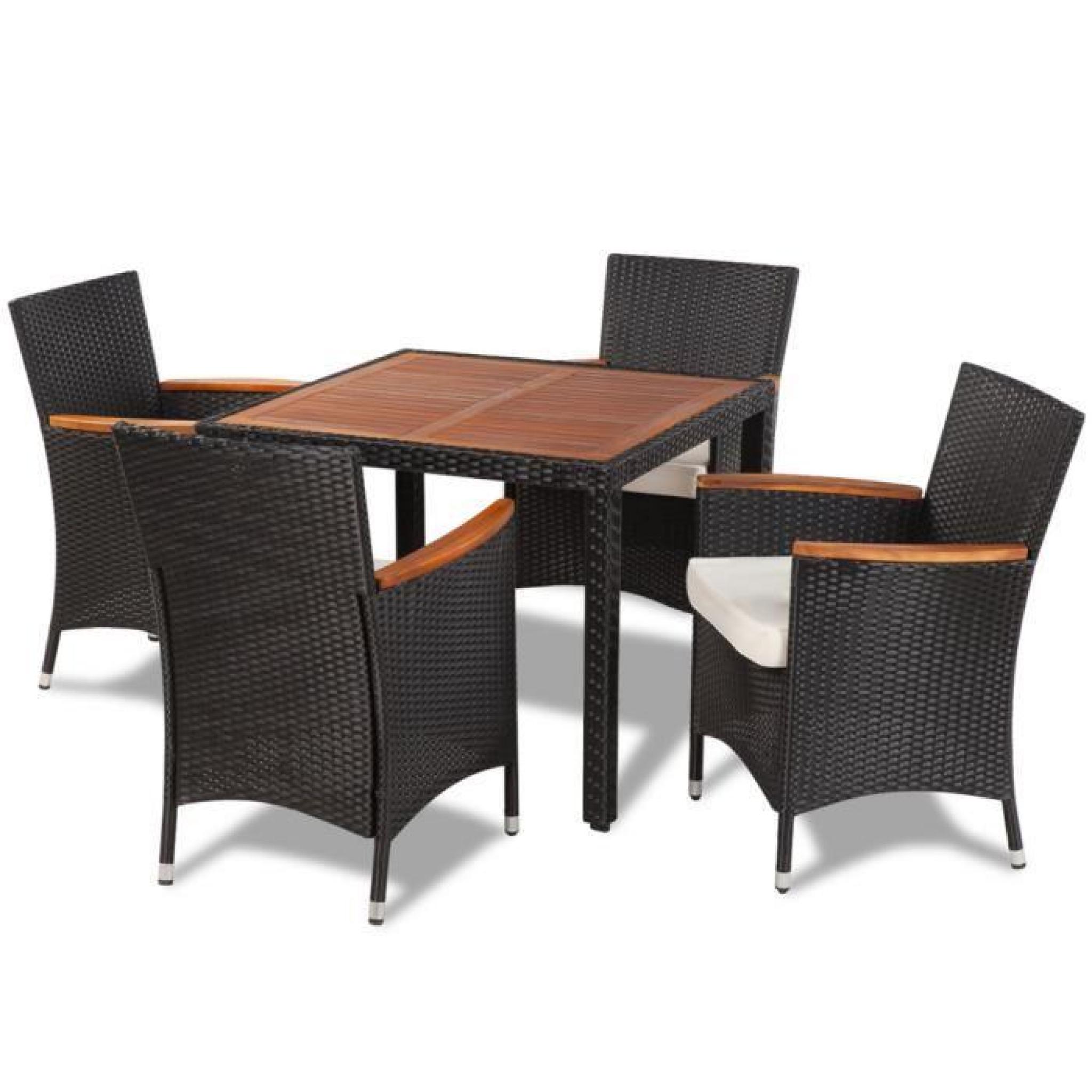 Table à manger avec plateau en bois et 4 chaises en polyrotin
