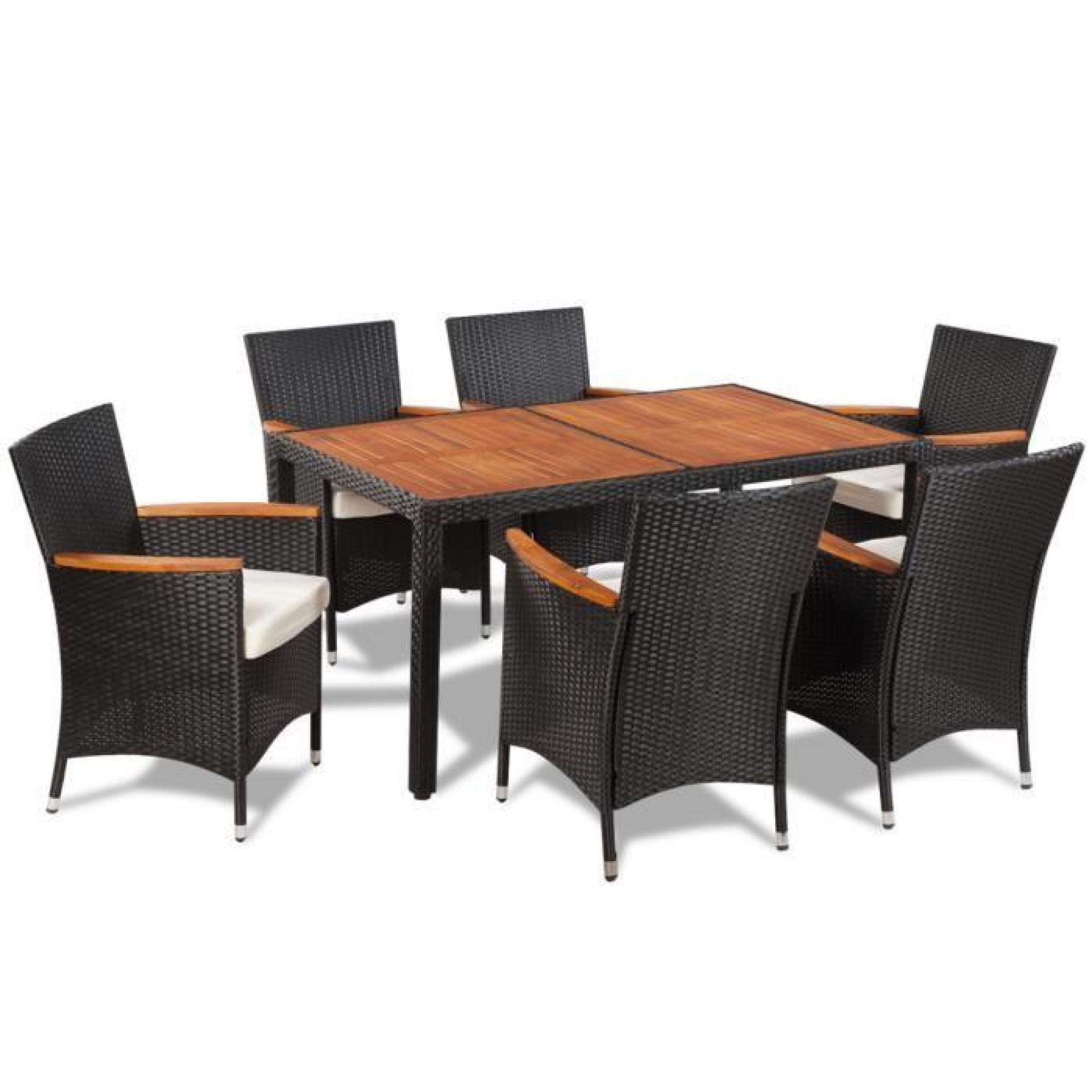 Table à manger avec plateau en bois et 6 chaises en polyrotin