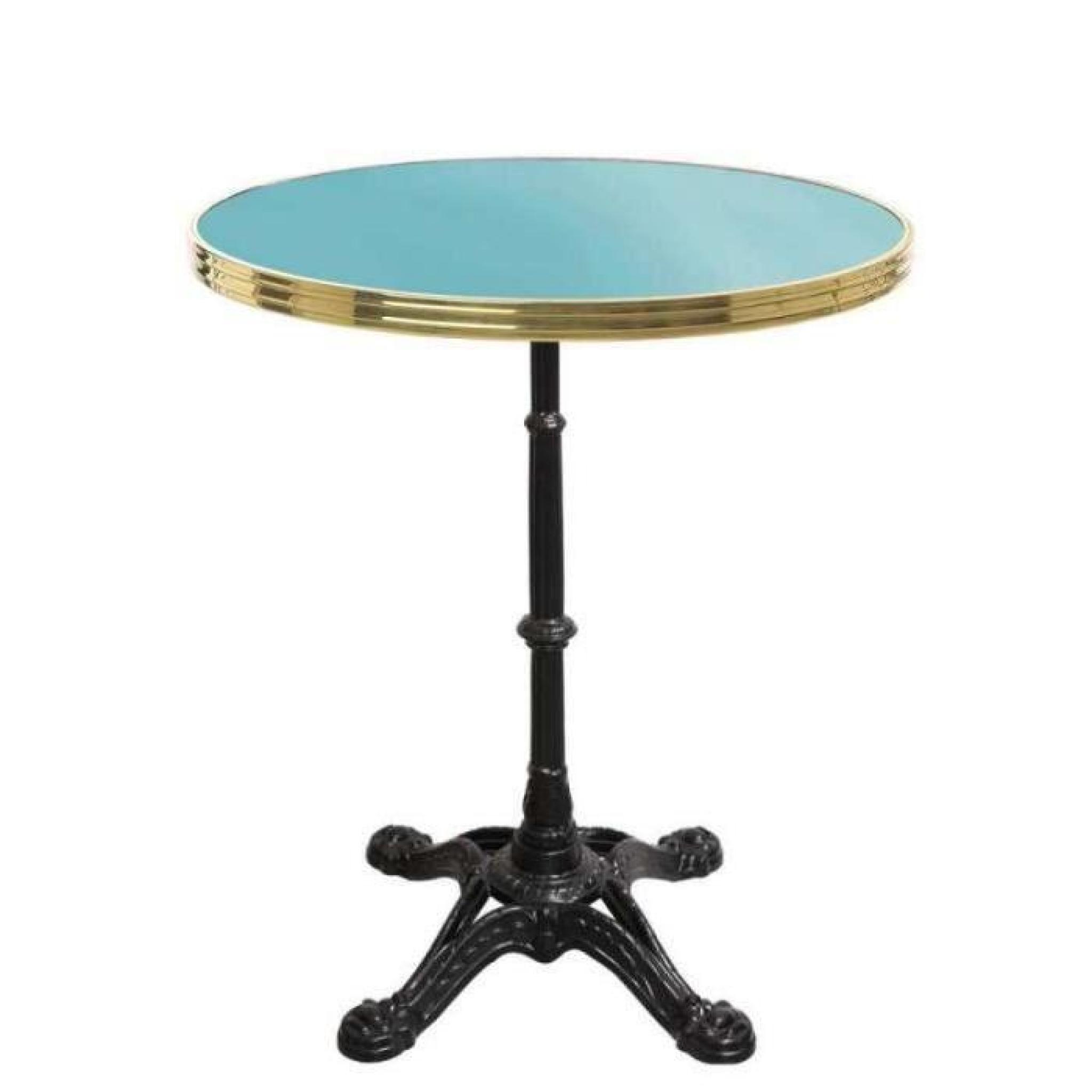table bistrot ronde bleu d'eau avec cerclage en laiton - pied eiffel 4 branches - h70 x d50 cm