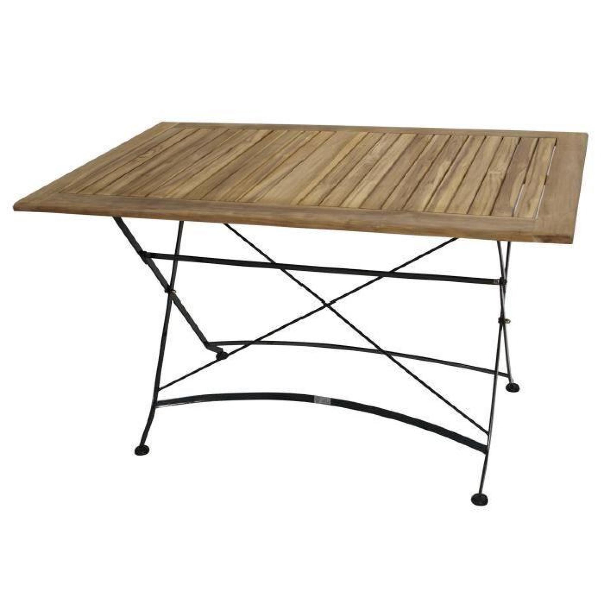 Table carré pliante salon de jardin 75x125cm acier plat noir et bois Teak JAKARTA