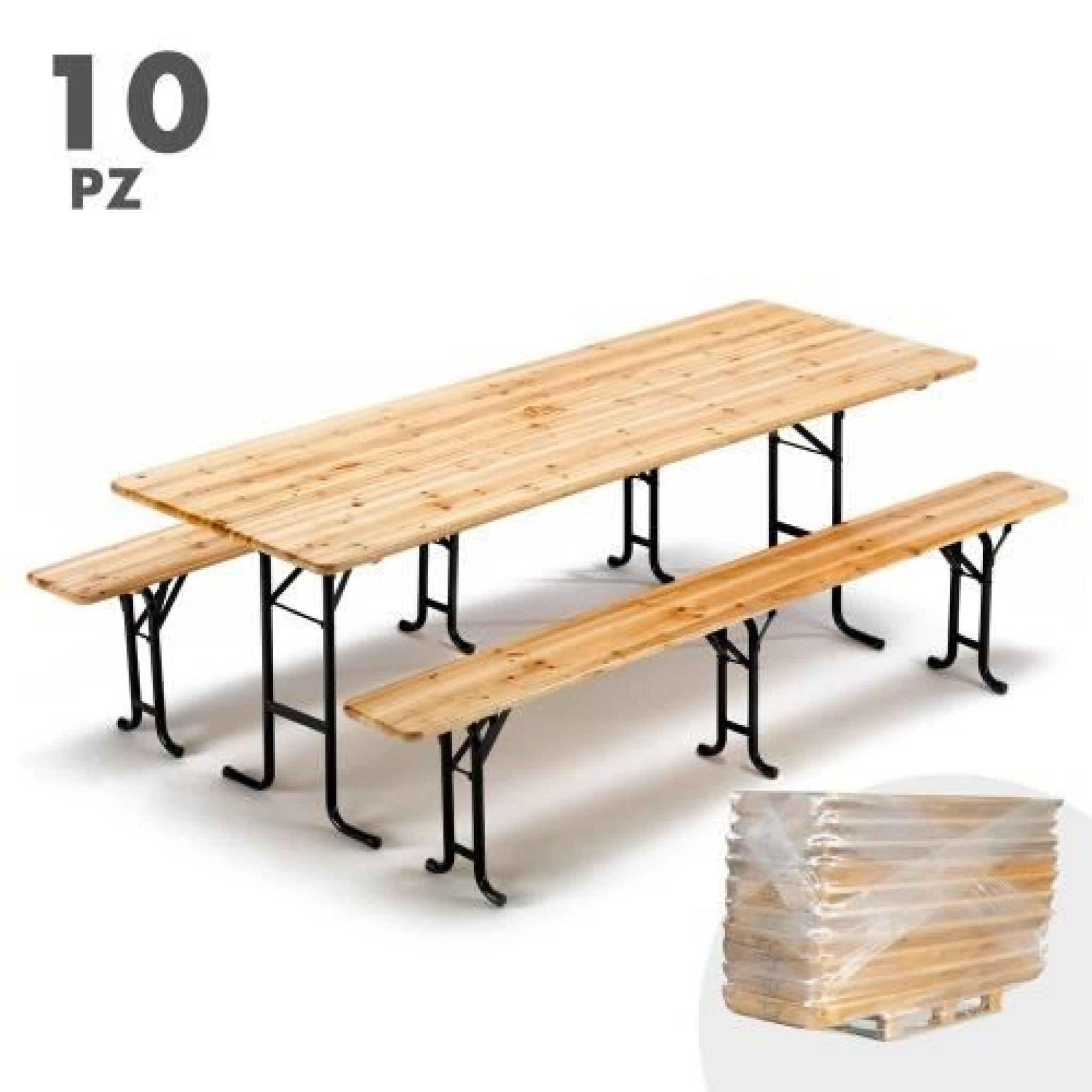 Table de brasserie bancs en bois 3 jambes ensemble 220x80 10 pz