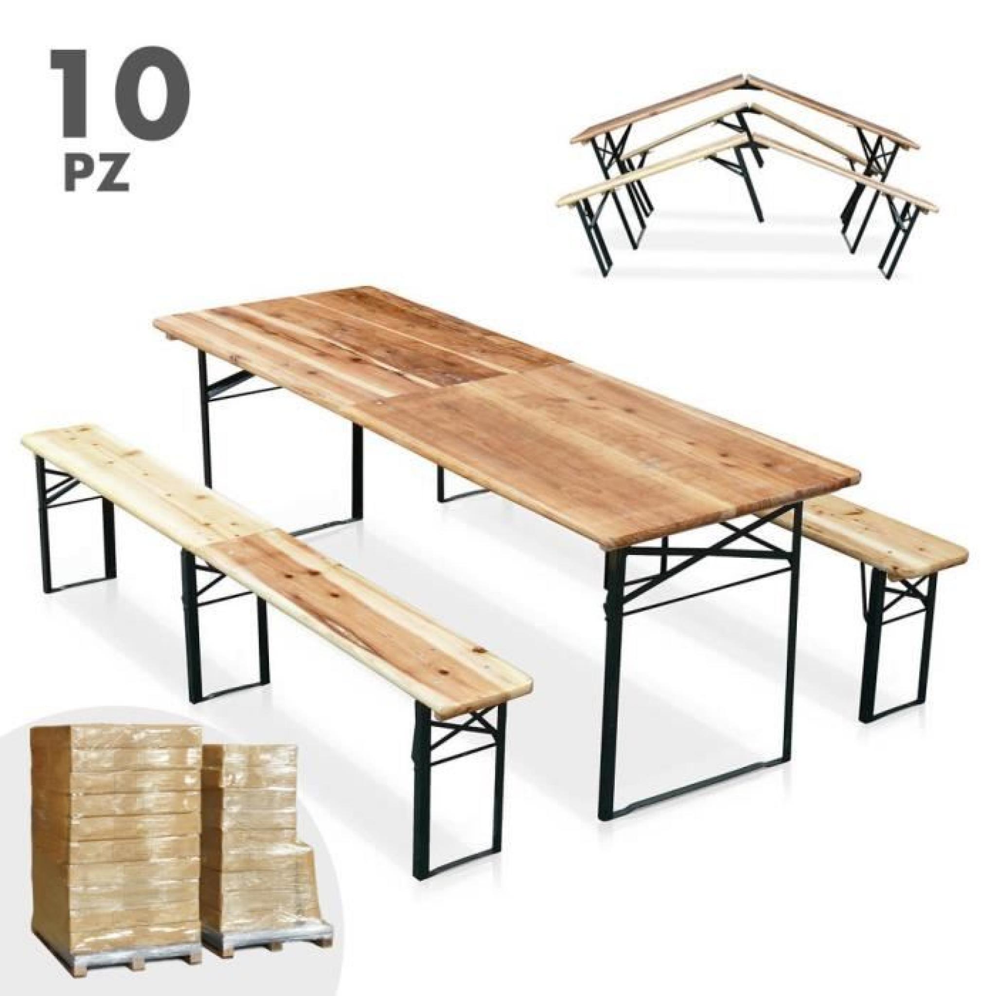 Table de brasserie pliante bancs bois ensemble 220x80 10pz pas cher