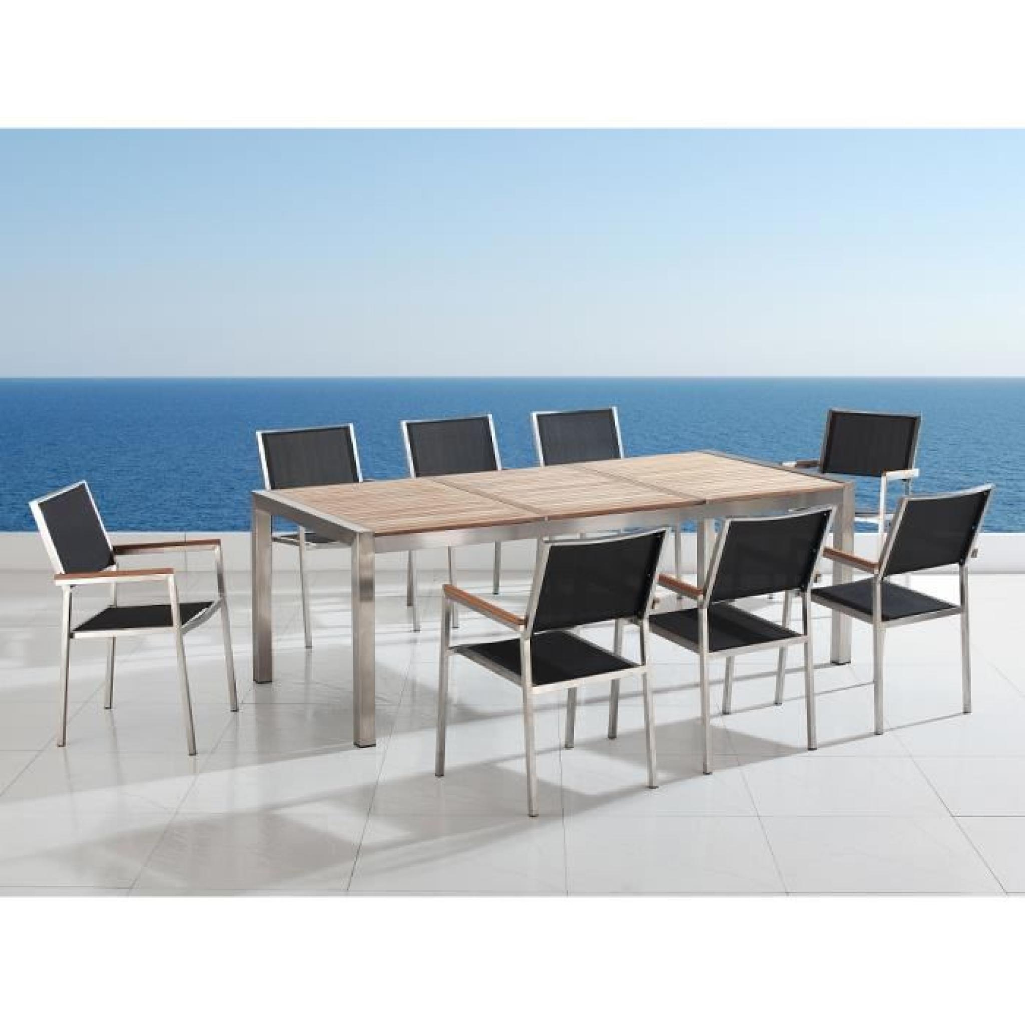 Table de jardin acier inox - plateau bois triple 220 cm avec 8 chaises en textile gris - Grosseto