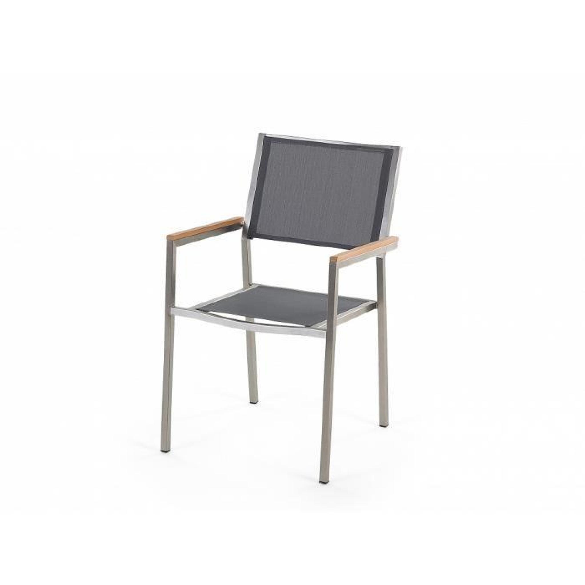 Table de jardin acier inox - plateau granit triple noir poli 180 cm avec 6 chaises en textile gris - Grosseto pas cher