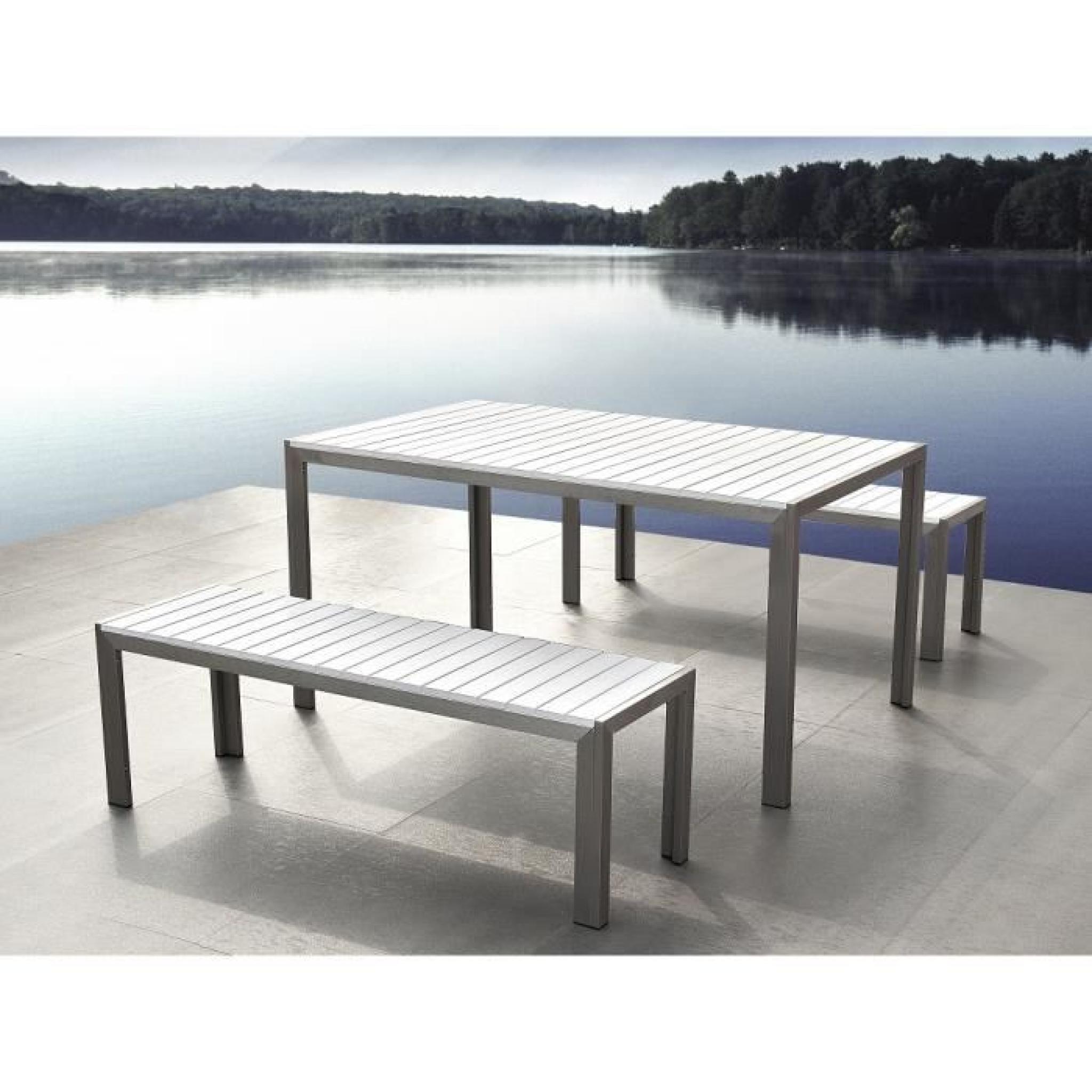 Table de jardin aluminium blanc- plateau en polywood 180 cm et 2 bancs - Nardo