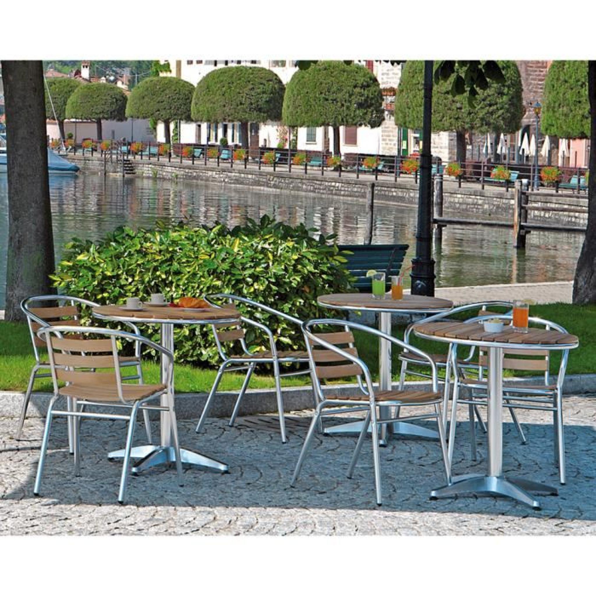Table de jardin en aluminium et plateau en chêne - Dim : H 72 x Ø 70 cm pas cher