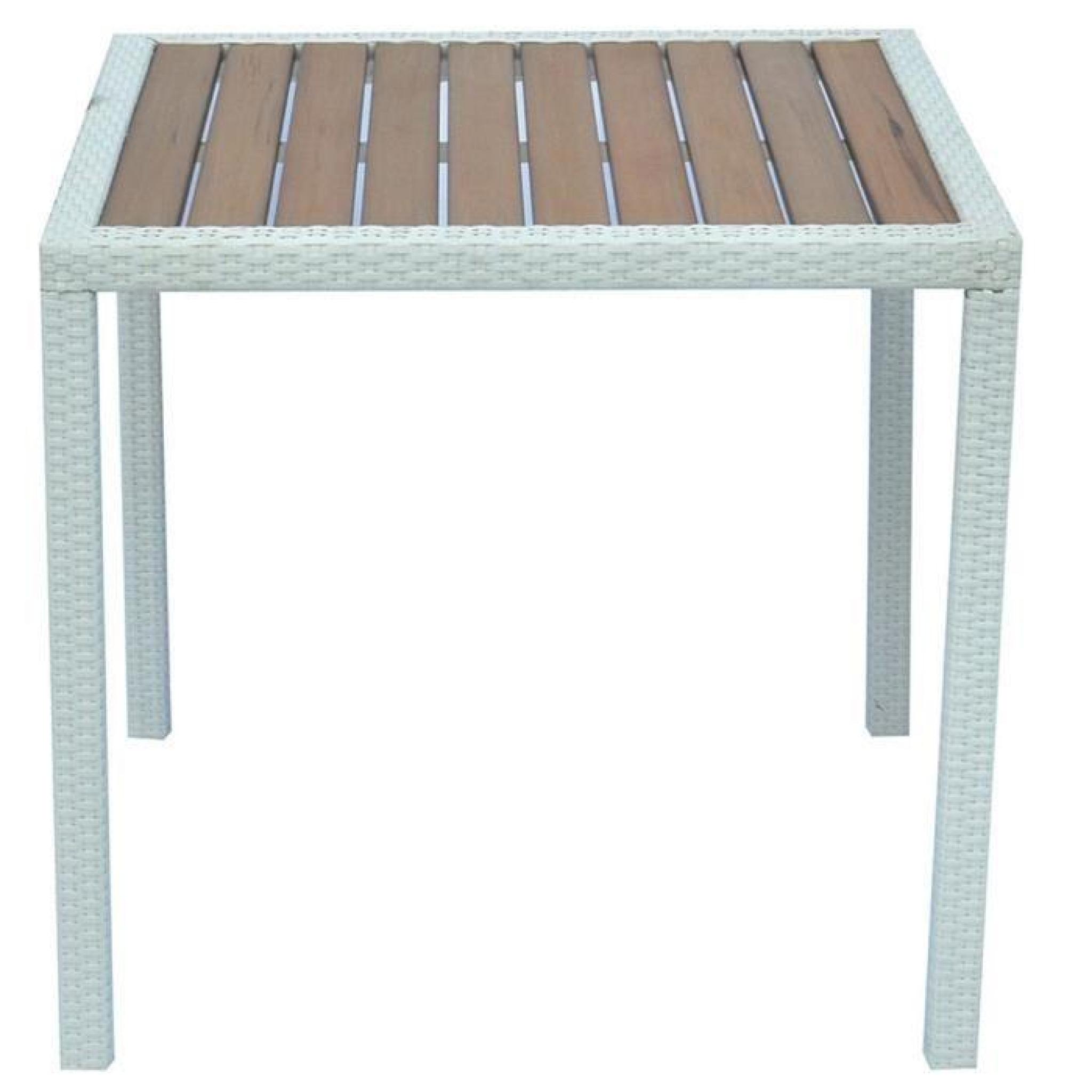 Table de jardin en tressage Wicker coloris blanc brossé avec plateau imitation bois - Dim : H 74 x L 80 P 80 cm