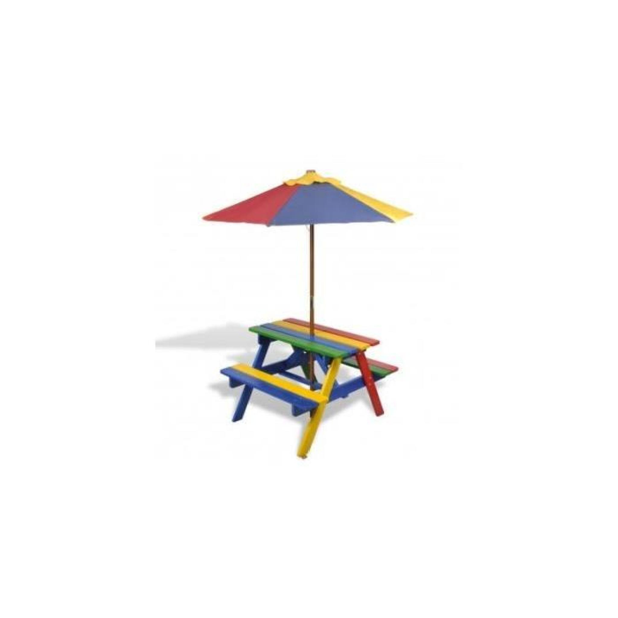 Table de pique-nique enfant en quatre couleurs avec parasol