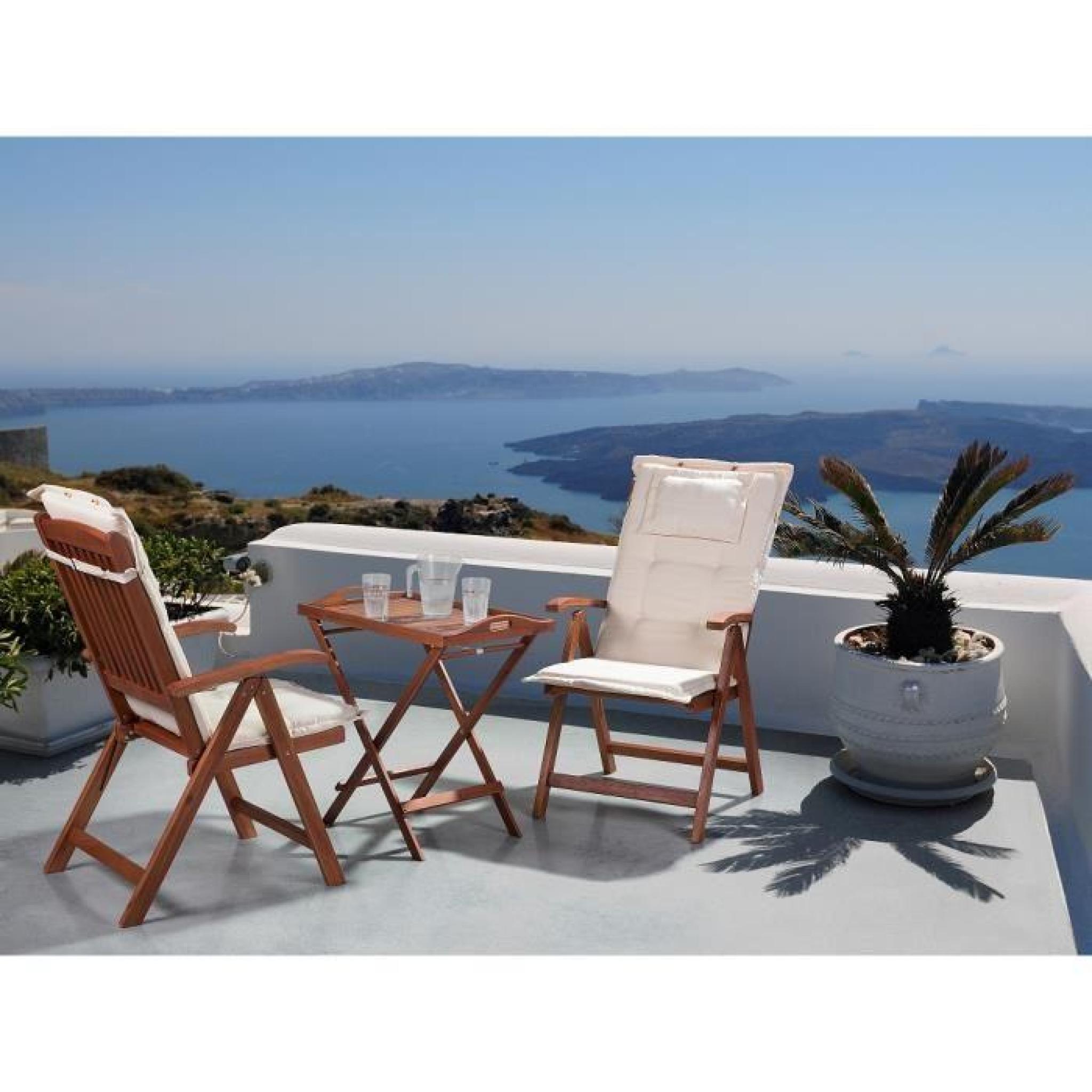 Table et 2 chaises de jardin en bois avec coussins terracotta clair - Riviera