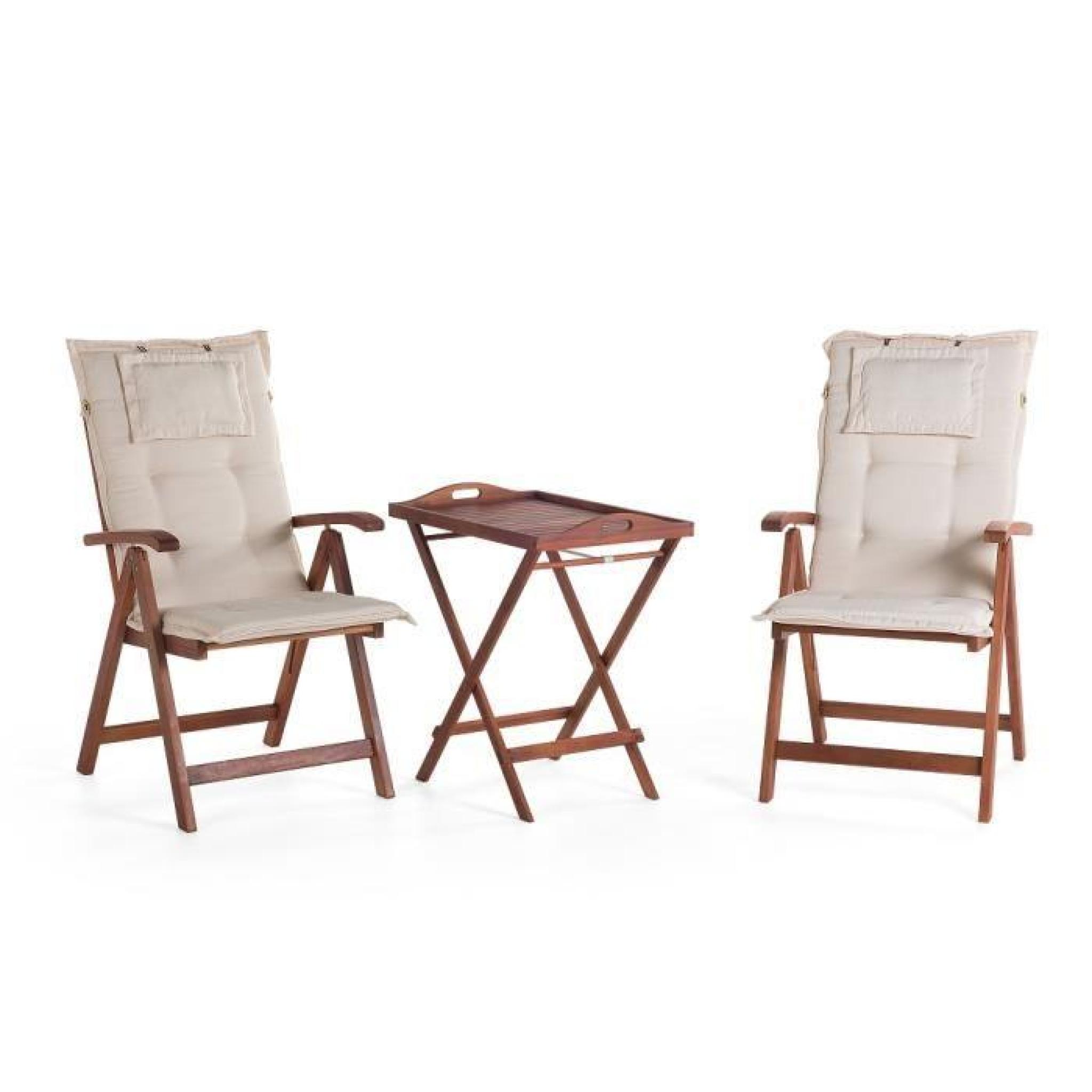 Table et 2 chaises de jardin en bois avec coussins terracotta clair - Riviera pas cher