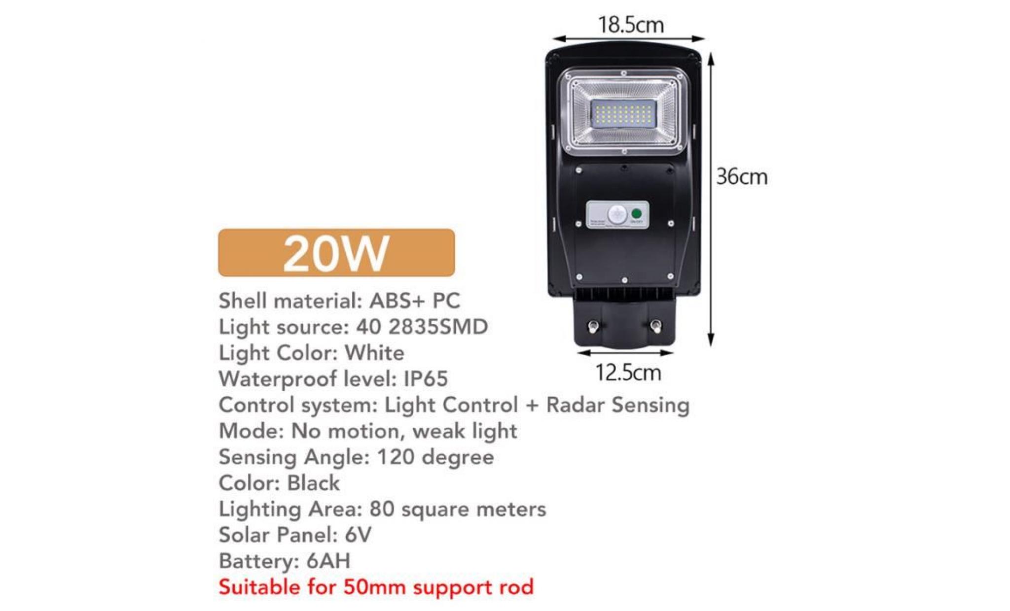 tempsa 20w 40led applique murale exterieure solaire étanche capteur radar lumière batterie 6ah pas cher