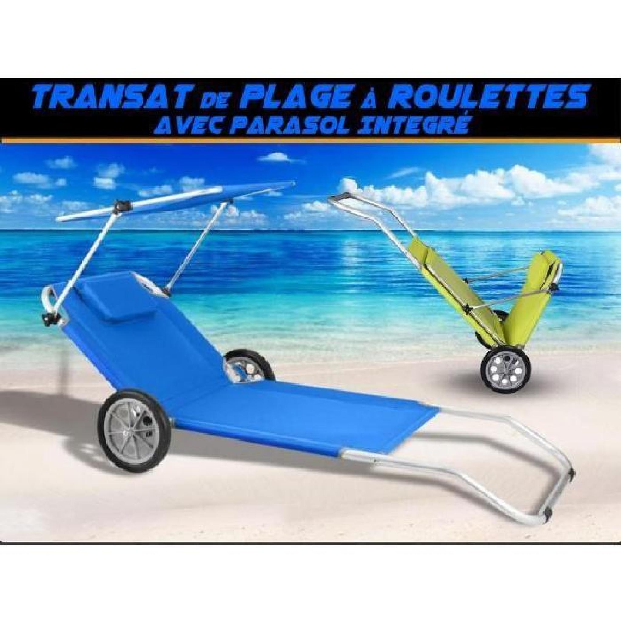 Transat plage chaise longue à roulettes Malibu ORANGE parasol integré - chariot pas cher